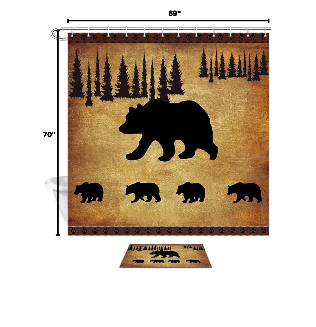 JAWO Black Bear Shower Curtain and Bath Mat Set - Rustic Cabin Decor with Animal Print, 69x70 Inch Fabric Shower Curtain & Bathroom Rug - Perfect for Cabin, Lodge, or Nature-Themed Bathroom Decor