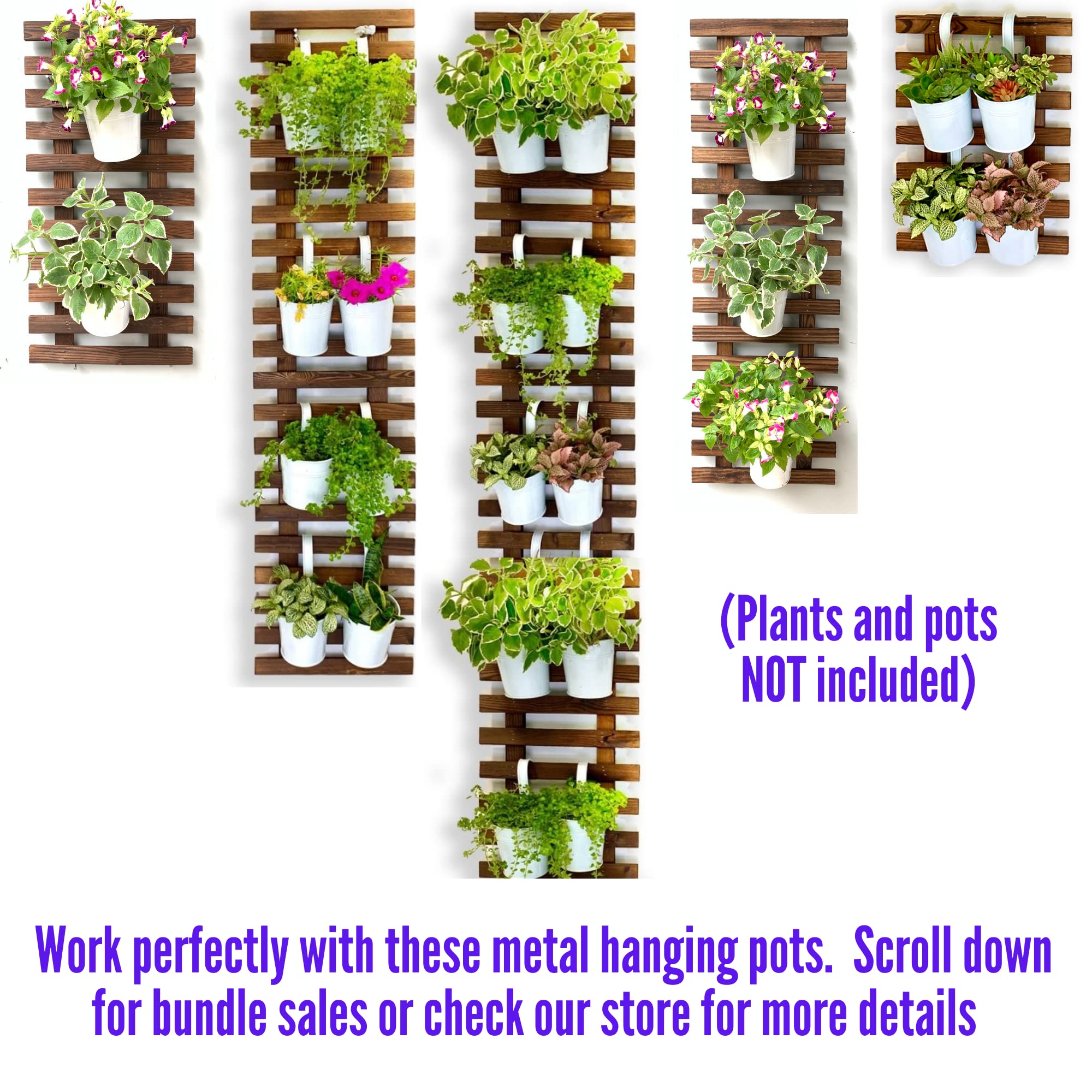 LaLaGreen 10-Pack 4 Inch White Hanging Flower Pots with 5-Piece Wooden Plant Holder Set - Vertical Herb Garden Kit for Indoor/Outdoor Decor, Wall Mounted Large Wooden Planter for Balcony, Patio & Home Gardening