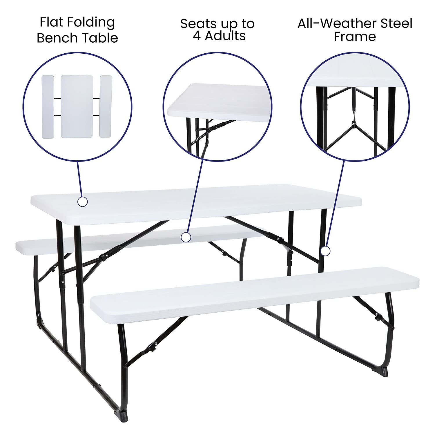 Flash Furniture Insta-Fold 4.5 Foot Folding Picnic Table & Bench Set - White Wood Grain Outdoor Dining Table for Adults - Perfect for Backyard BBQs, Camping & Picnics