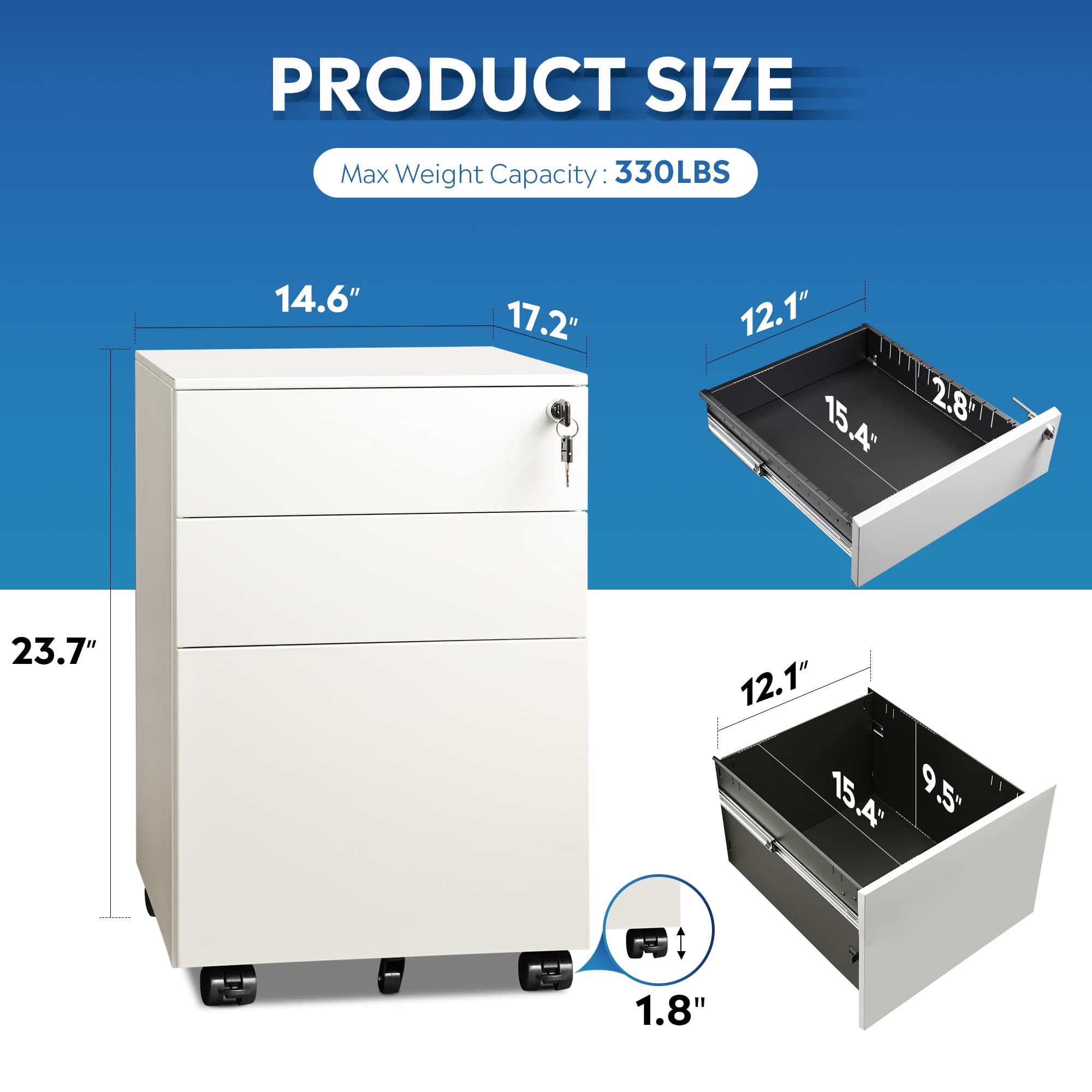 DEVAISE 3-Drawer Rolling File Cabinet with Lock - Fully Assembled Under Desk Storage Organizer for Home Office - White | Perfect for Document Organization & Small Space Storage Solutions