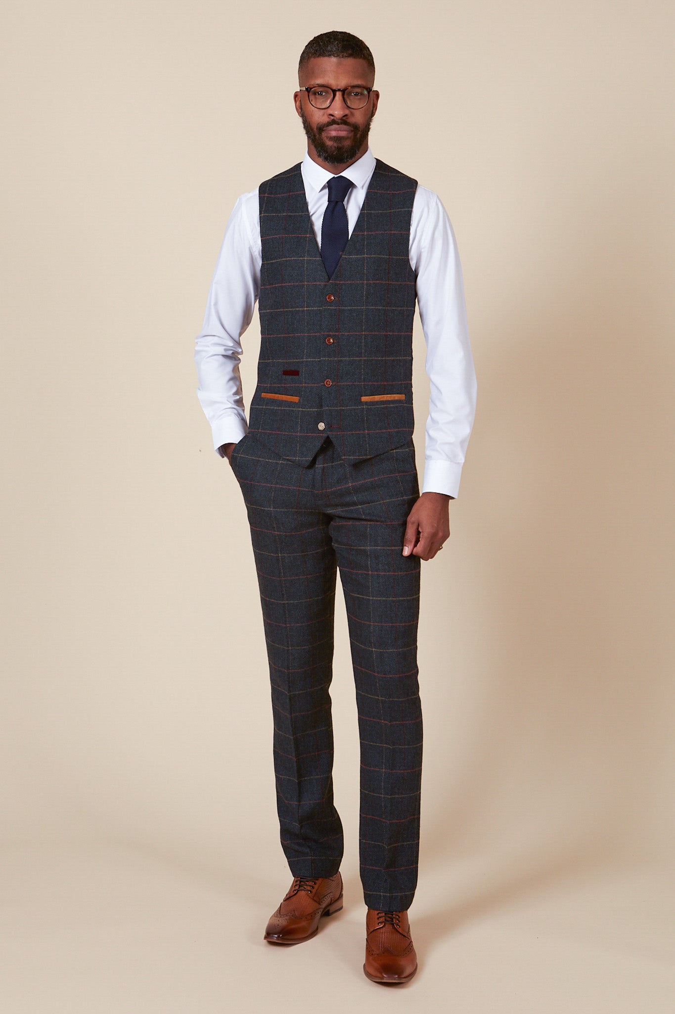 ETON Navy Blue Tweed Check Three Piece Suit for Men - Classic Formal Business Attire | Perfect for Weddings, Office Meetings & Special Occasions