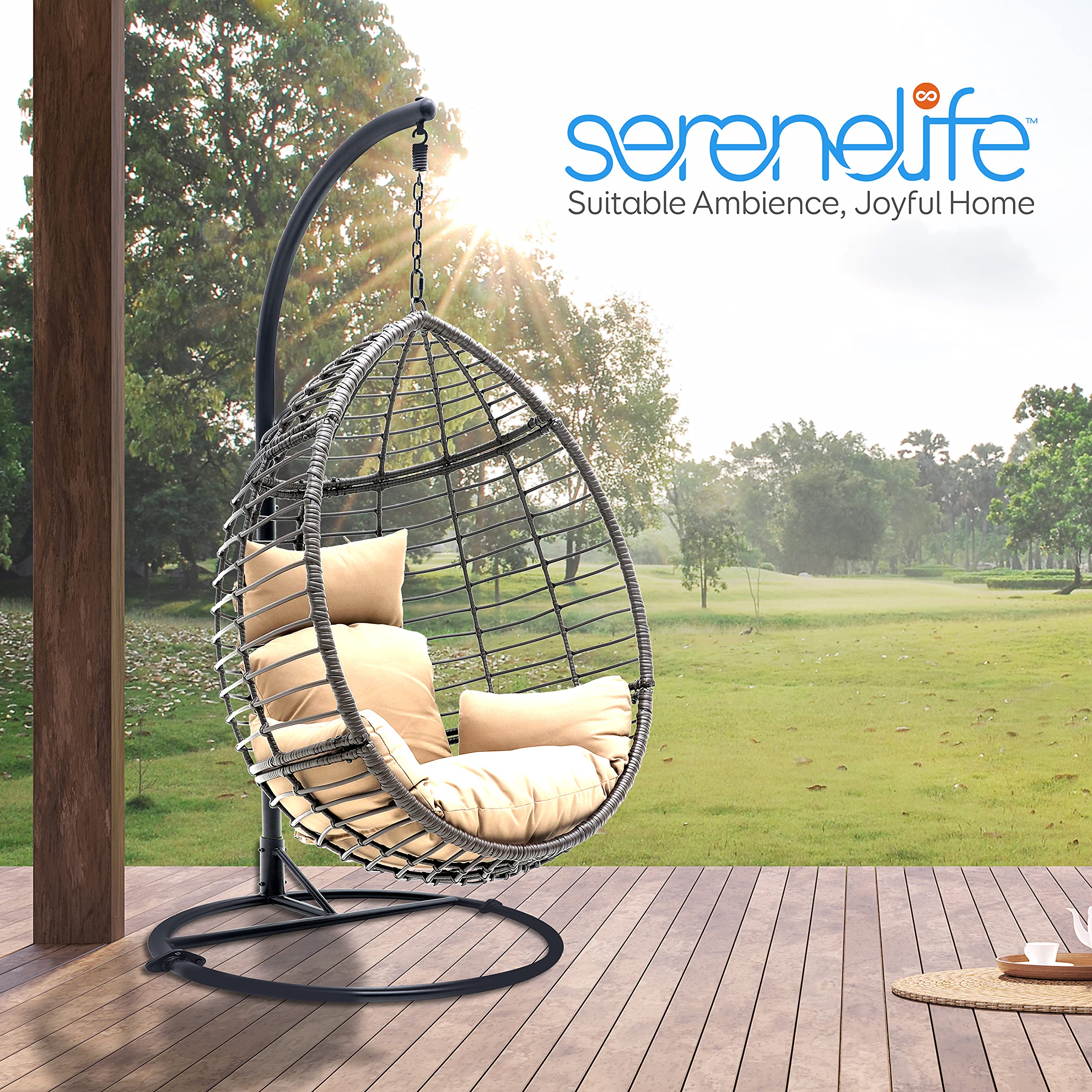 SereneLife Hanging Egg Chair with Stand - Indoor Outdoor Wicker Rattan Lounge Chair, Steel Frame & UV Resistant Washable Cushions - Perfect for Garden, Backyard, Deck, Sunroom, Patio (Black & Brown)