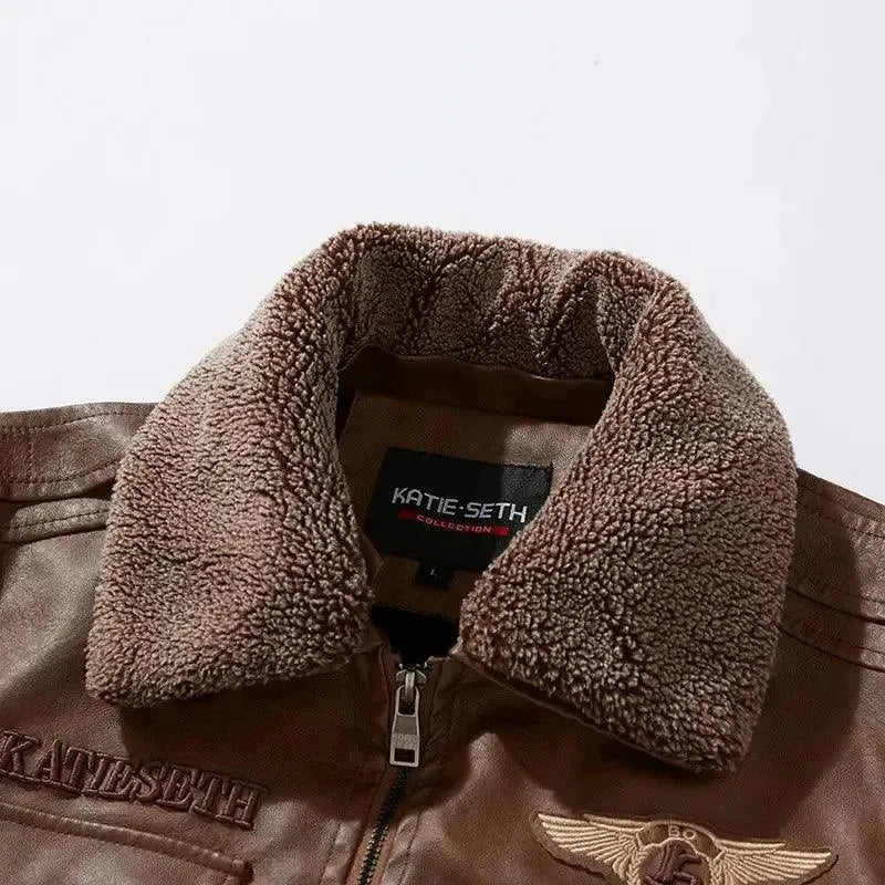 Men's Fleece-Lined Leather Trucker Jacket - Warm Winter Coat for Casual Outdoors & Motorcycle Riding