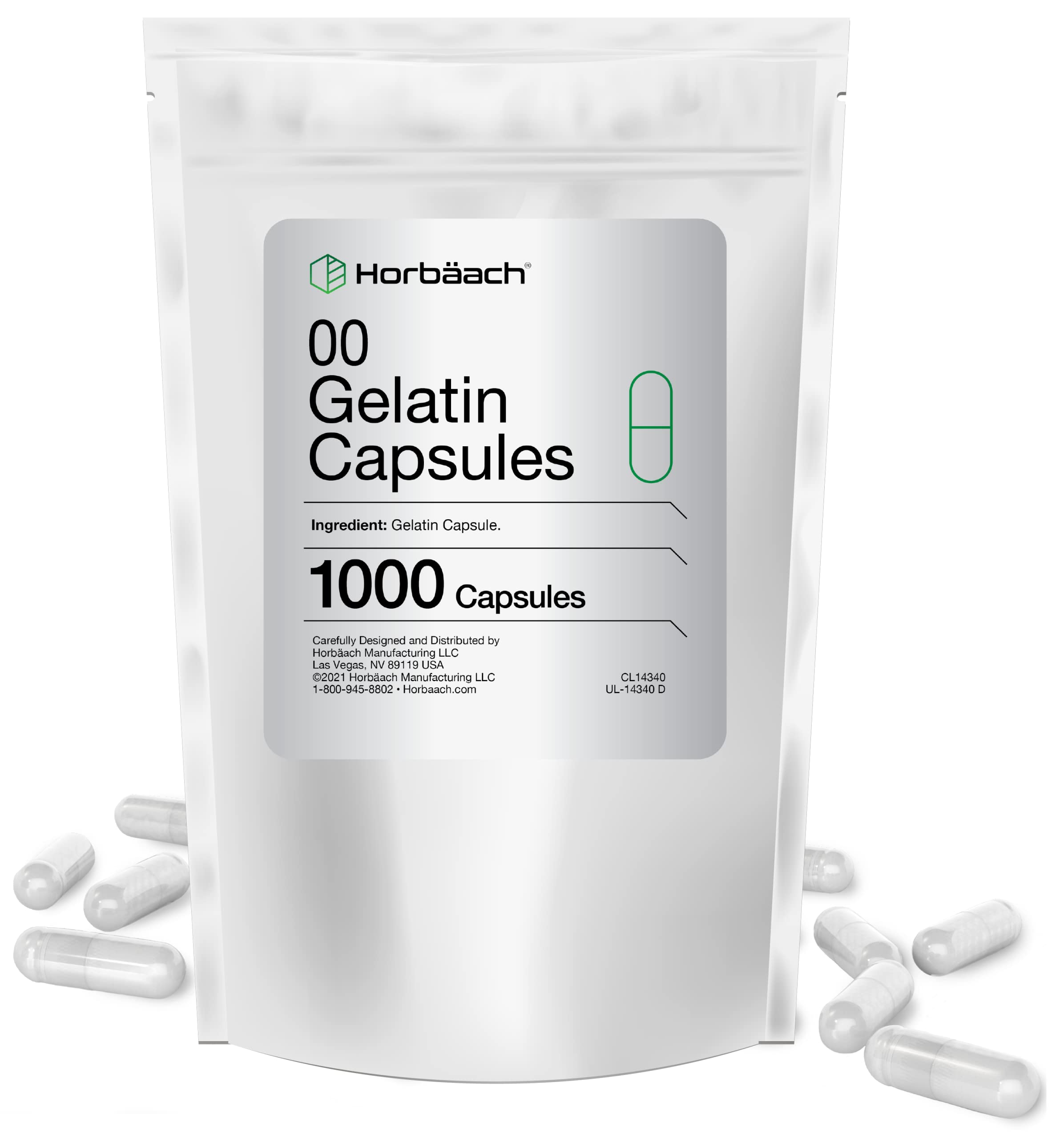 Horbaach 1000 Empty Size 00 Clear Gelatin Capsules - Non-GMO, Gluten Free, Resealable Bag for DIY Supplements, Herbal Remedies & Vitamin Filling | Perfect for Home Use & Small Business Packaging
