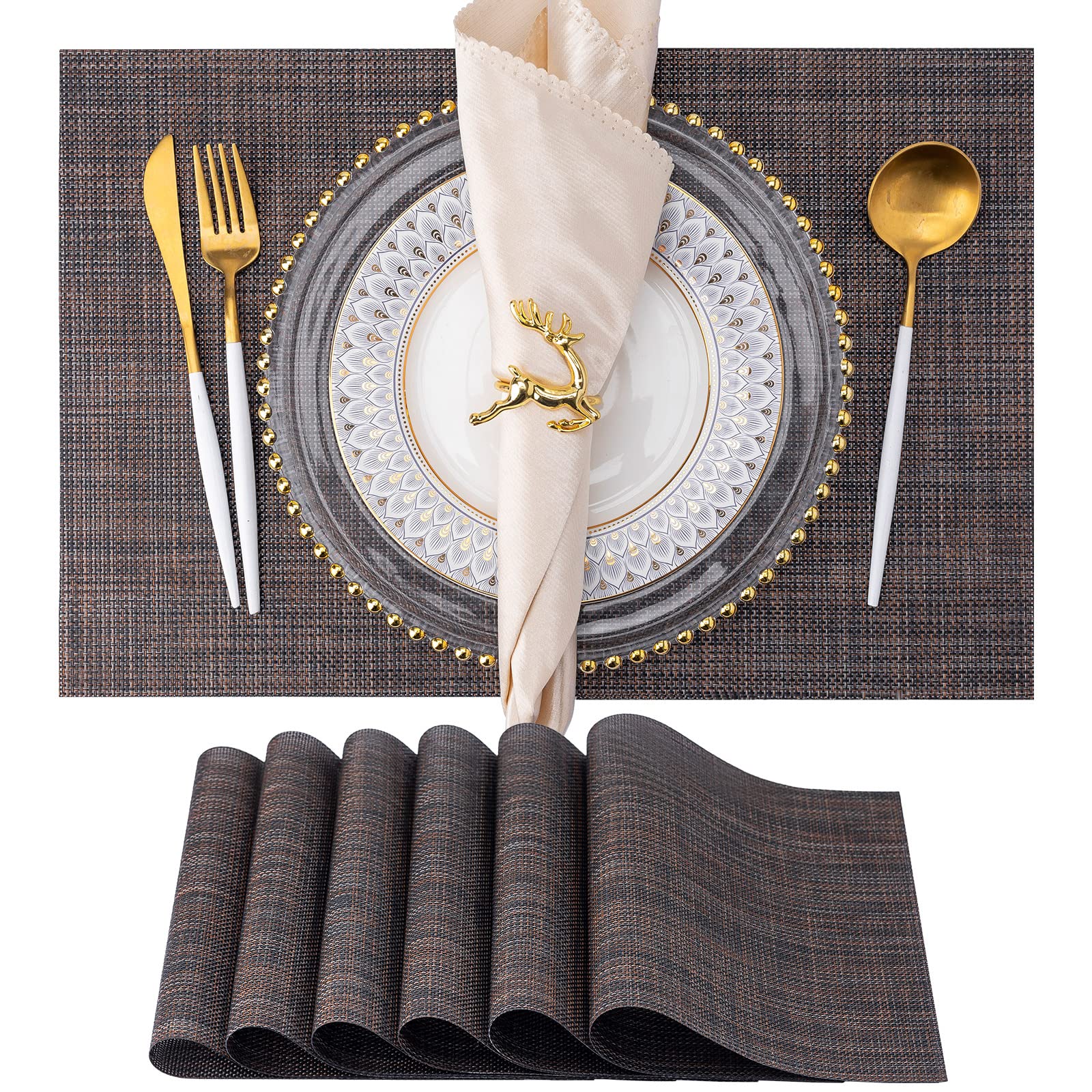 6-Pack Washable Vinyl Placemats for Dining Table - Indoor/Outdoor PVC Woven Table Mats in Black & Brown - Perfect for Kitchen, Patio, Picnic and Restaurant Use