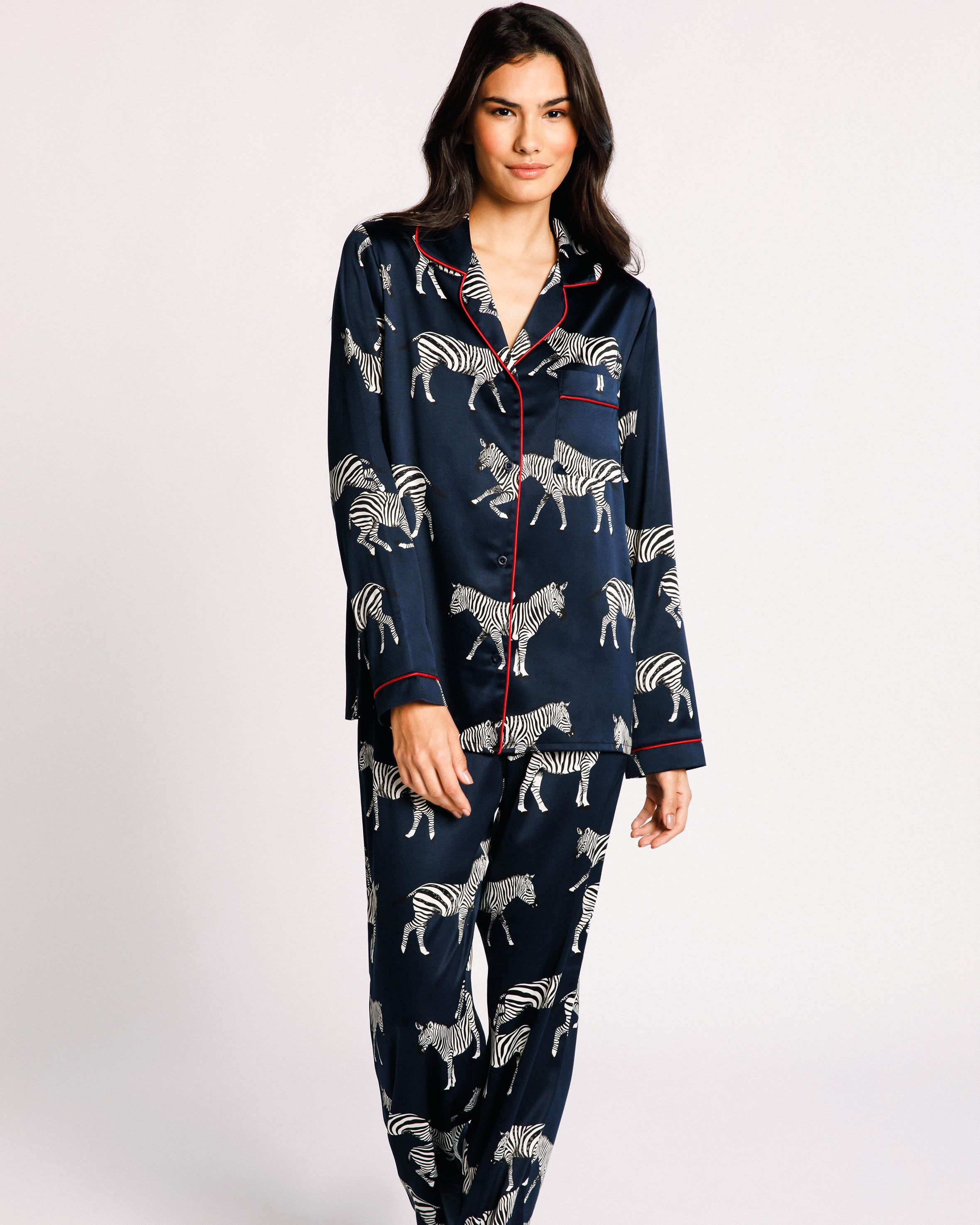 Satin Zebra Print Long Pajama Set for Women - Soft & Comfortable Sleepwear - Navy Blue - Perfect for Lounging, Sleepovers & Relaxing at Home