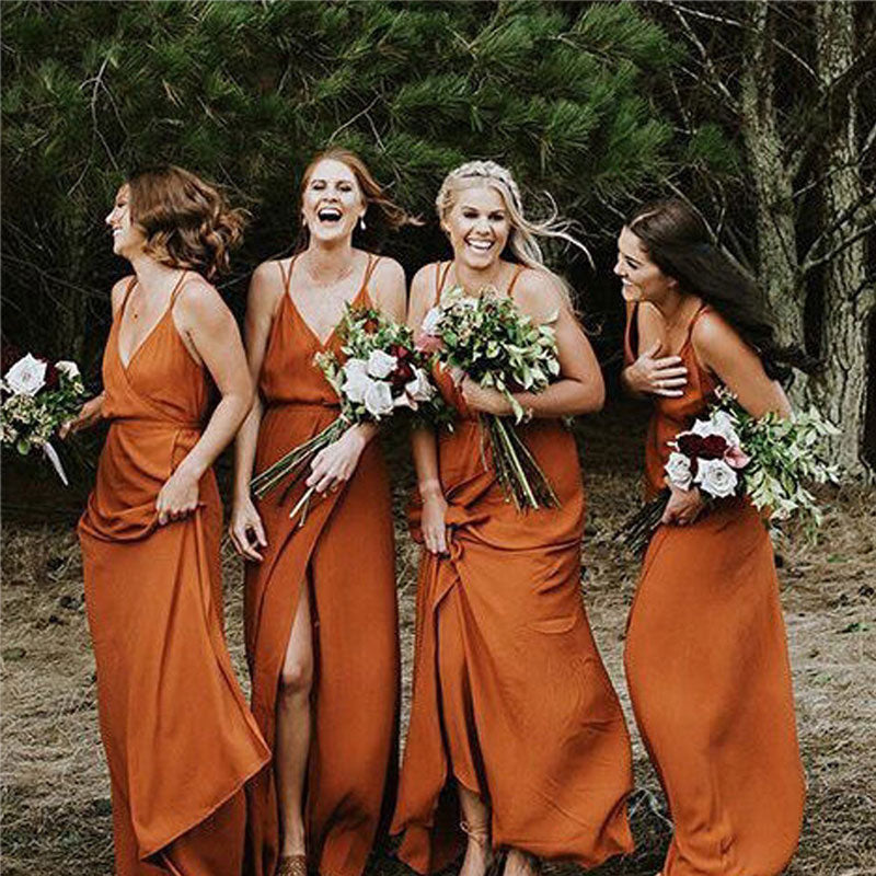 Elegant Burnt Orange V-Neck Long Bridesmaid Dress with Spaghetti Straps - Perfect for Weddings, Formal Events & Evening Parties