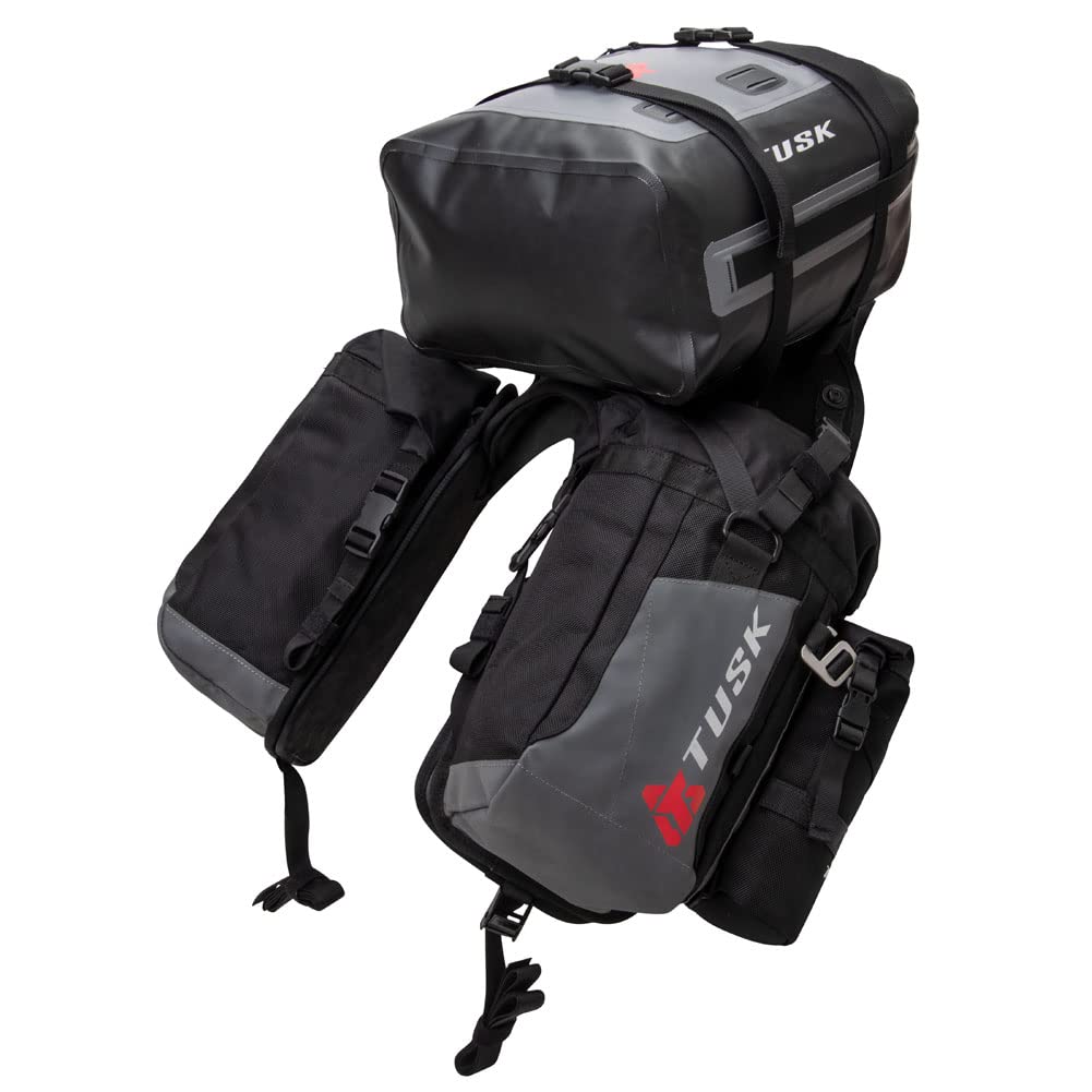TUSK Excursion Rackless Motorcycle Luggage System with Small Dry Duffel Bag & Water Bottle Holders - Standard Heat Shield, Black/Grey - Perfect for Adventure Riding, Touring & Long-Distance Motorcycle Trips