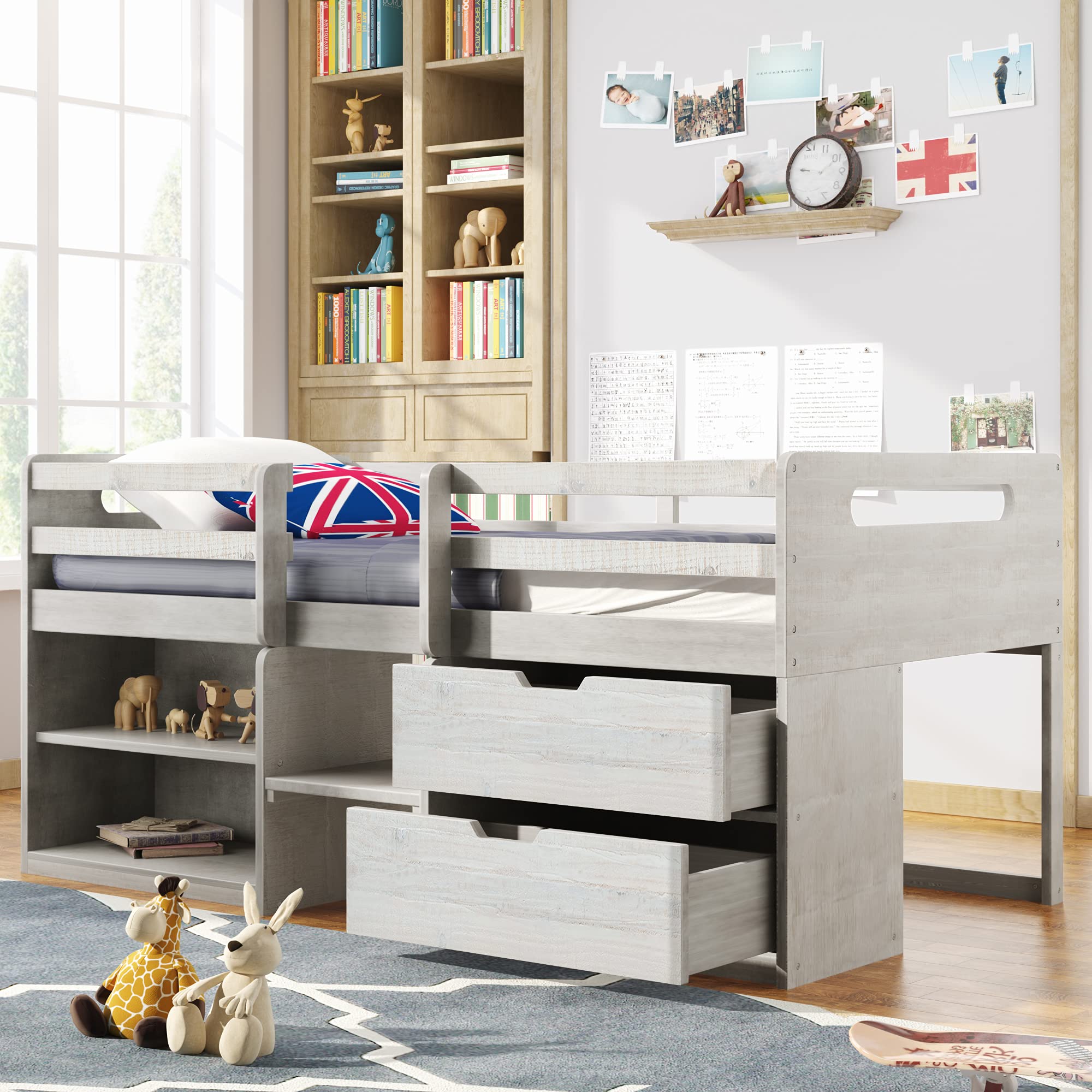 Low Loft Bed with Large Storage - Twin Size Wooden Loft Bed with 2 Drawers, Shelves, Headboard & Footboard - Space Saving Kids Bed for Small Rooms - Perfect for Teens, Boys & Girls Bedroom (Antique White) - Ideal for Dorm Rooms, Apartments & Shared Kids Rooms