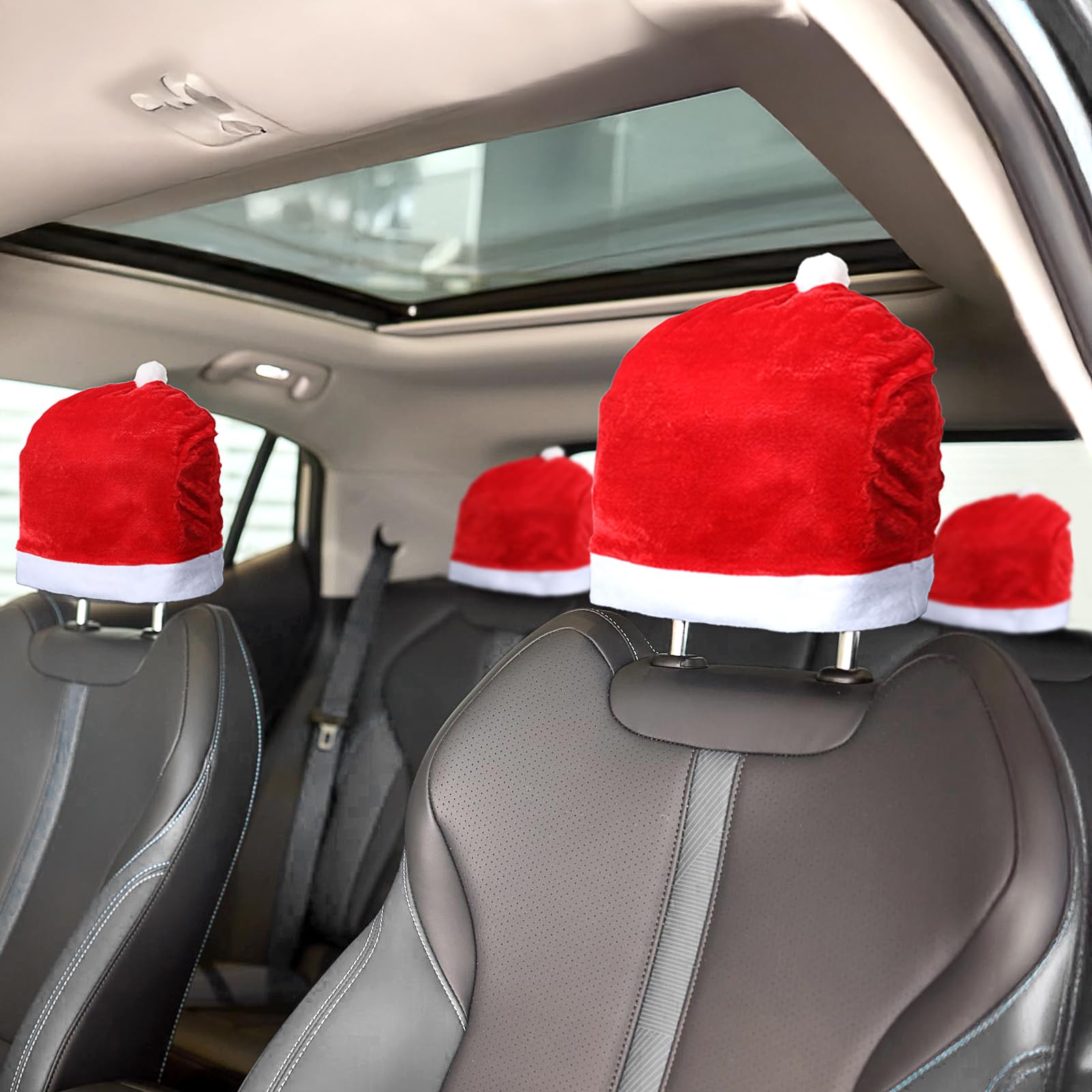 4PCS Santa Claus Hat Car Seat Headrest Covers - Funny Christmas Car Decorations & Interior Accessories for Most Vehicles - Perfect for Holiday Road Trips, Christmas Parades & Festive Car Decorating