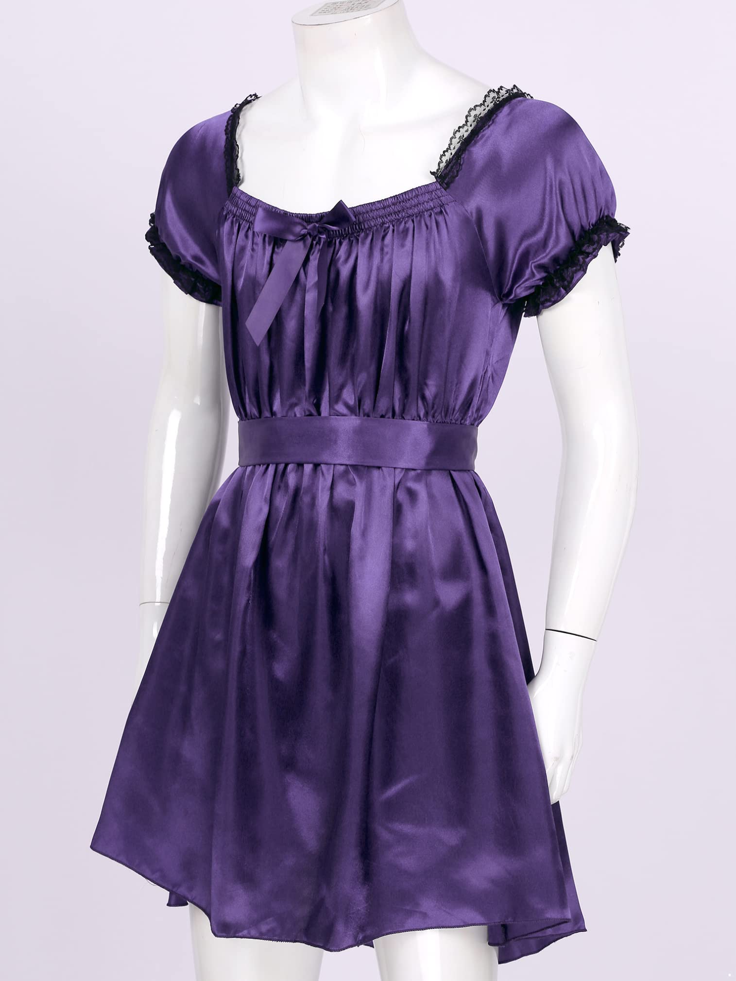 EasyForever Men's One Piece Silky Satin Lace Trim Ruffled Dress - Elegant Crossdressing Costume for Parties, Cosplay & Special Occasions