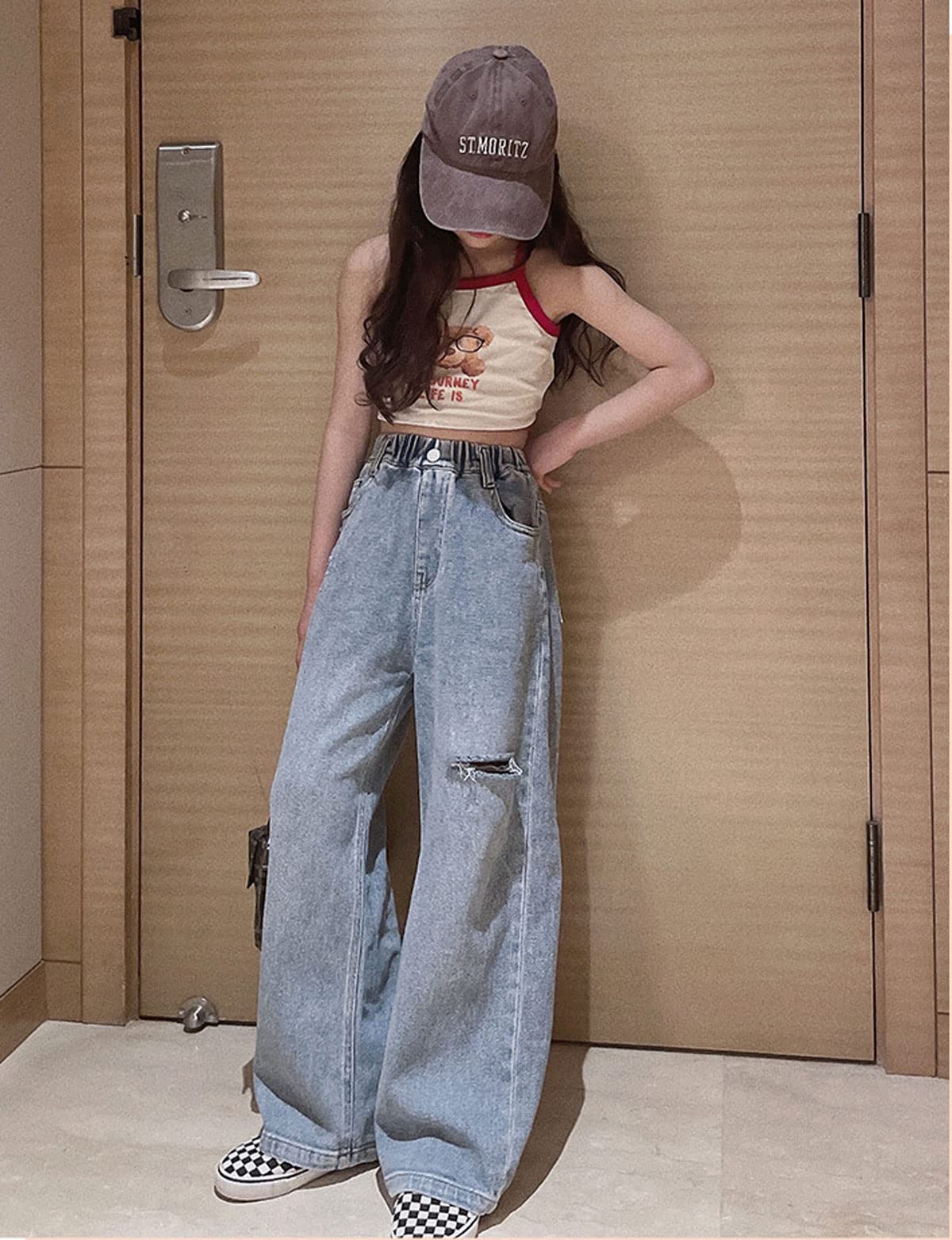 **Girls' Ripped Distressed Baggy Wide Leg Jeans for Kids Size 5-14 Years | Trendy Casual Denim Pants for School, Play & Everyday Wear**