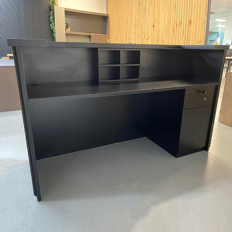 KENTO 180cm Reception Desk with Timber Slat Acoustic Panel in Black & Oak - Perfect for Office Lobby, Hotel Front Desk, and Corporate Waiting Areas