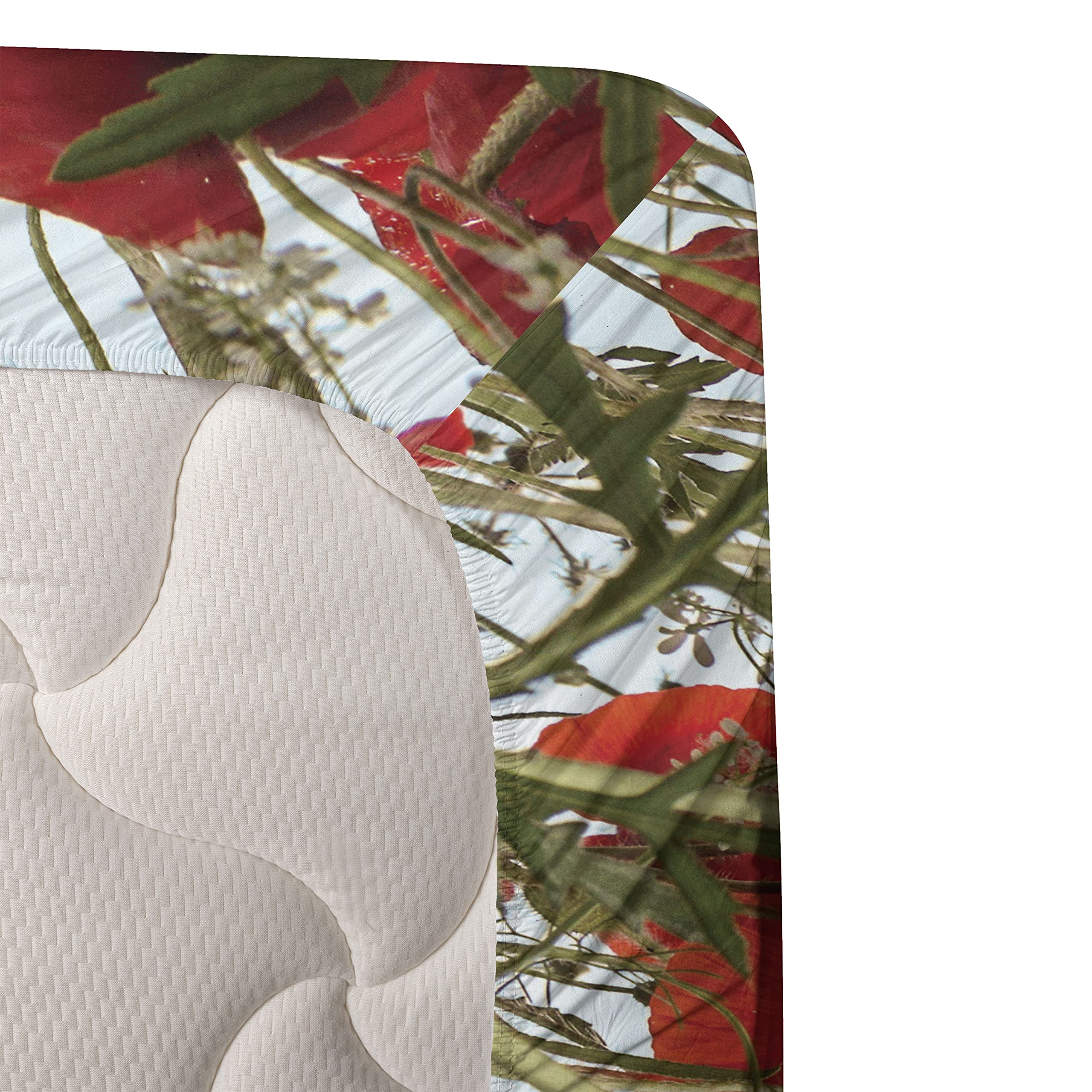 Ambesonne Poppy Flower Bed Sheet Set 4-Piece - King Size, Vermilion & Pale Blue, Tilt Shot Meadow & Herb Design - Fitted Sheet, Flat Sheet & 2 Pillowcases - Perfect for Boho & Farmhouse Bedroom Decor