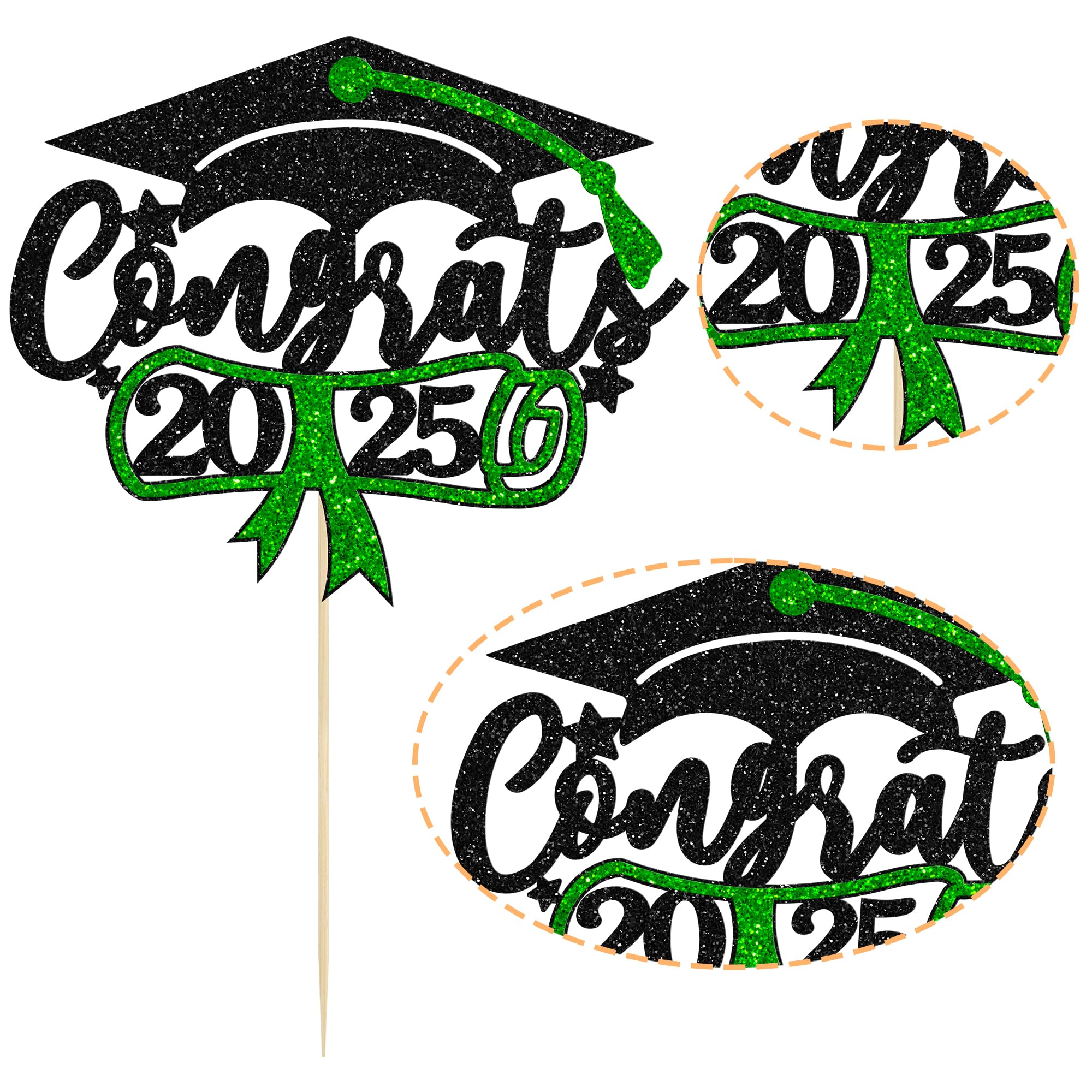 2025 Graduation Cake Topper - Green Glitter Congrats Grad Cap & Diploma Decor for Graduation Party Supplies | Perfect for 2025 Graduation Cakes, Cupcakes & Dessert Table Decorations
