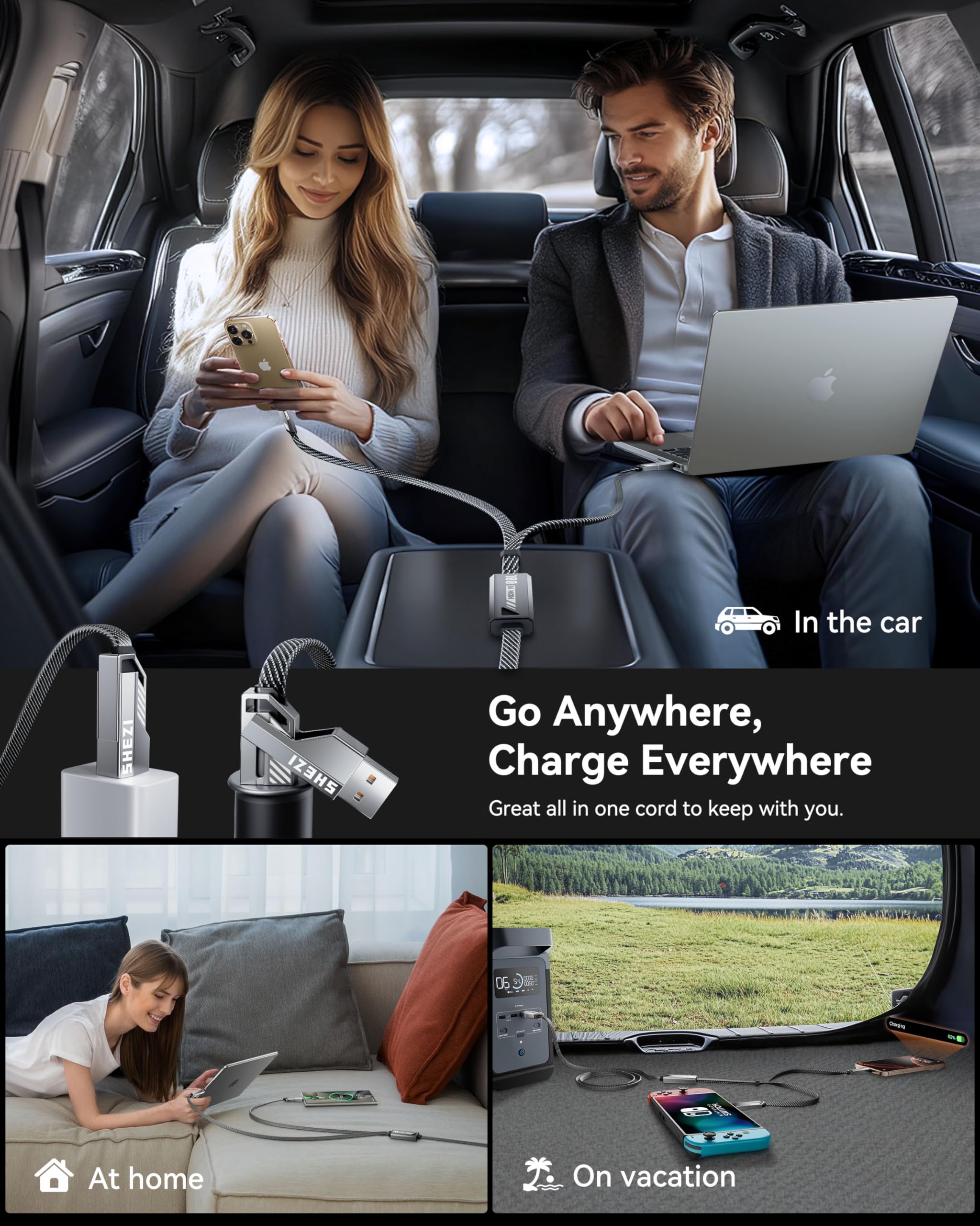 SHEZI 100W USB C Fast Charging Cable 5FT - 4-in-1 Multi Charger with USB A to Dual USB C Ports - Nylon Braided Cord Compatible with iPhone 16/15, MacBook, Samsung Galaxy - Perfect for Home, Office & Travel Charging