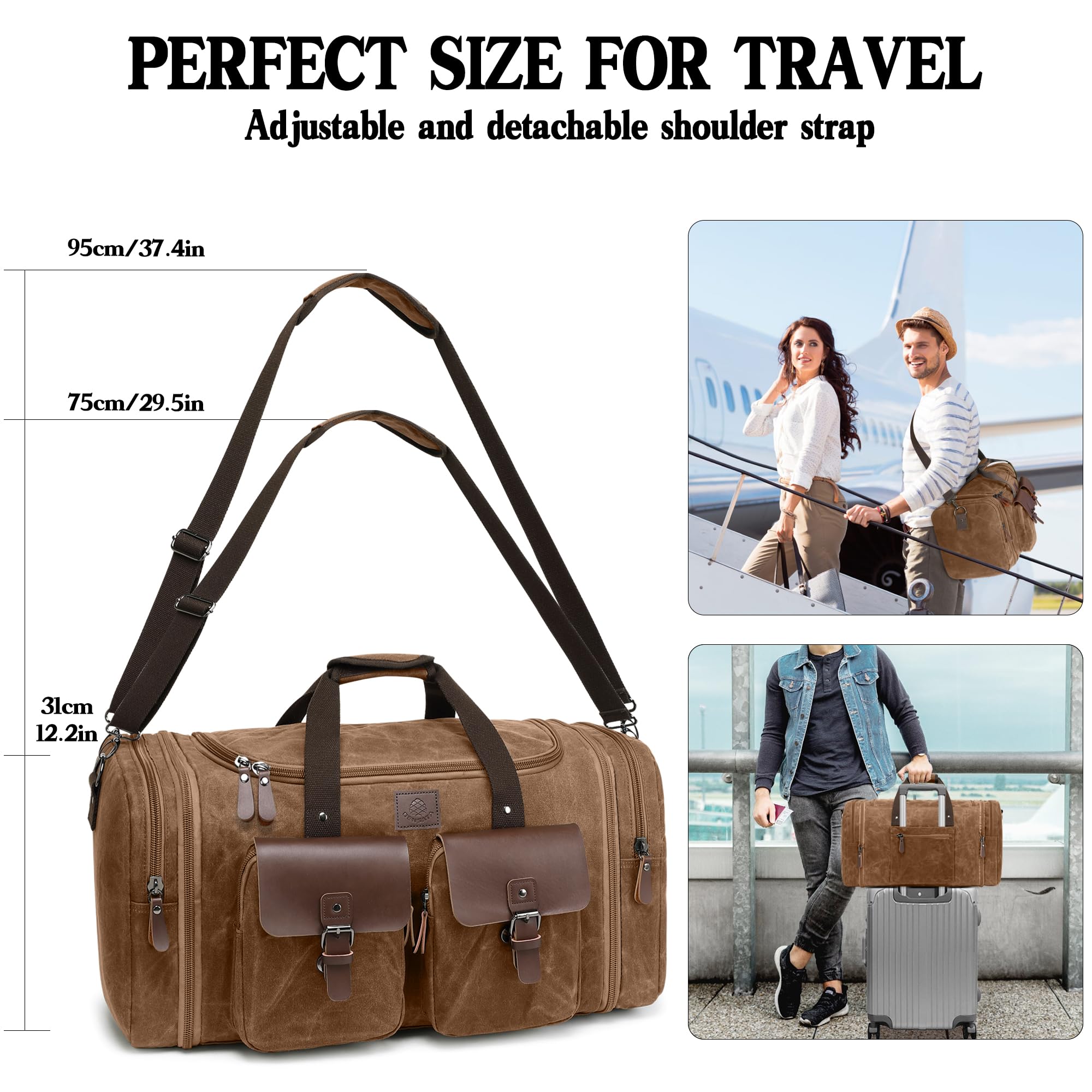 Vintage Dark Brown Expandable 60L Canvas Duffle Bag for Men - Genuine Leather Travel Duffel with Two Zipper Pockets - Perfect for Overnight Trips, Weekend Getaways & Carry-On Luggage (X-Large)