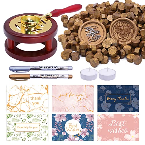 Taoskai Wax Seal Kit with Wax Seal Warmer - 200pcs Antique Gold Wax Beads, 2 Seal Pens & 6 Thank You Cards with Envelopes - Perfect for Wedding Invitations, Gift Wrapping, Christmas Decorations & Vintage Letter Sealing (Antique Gold)