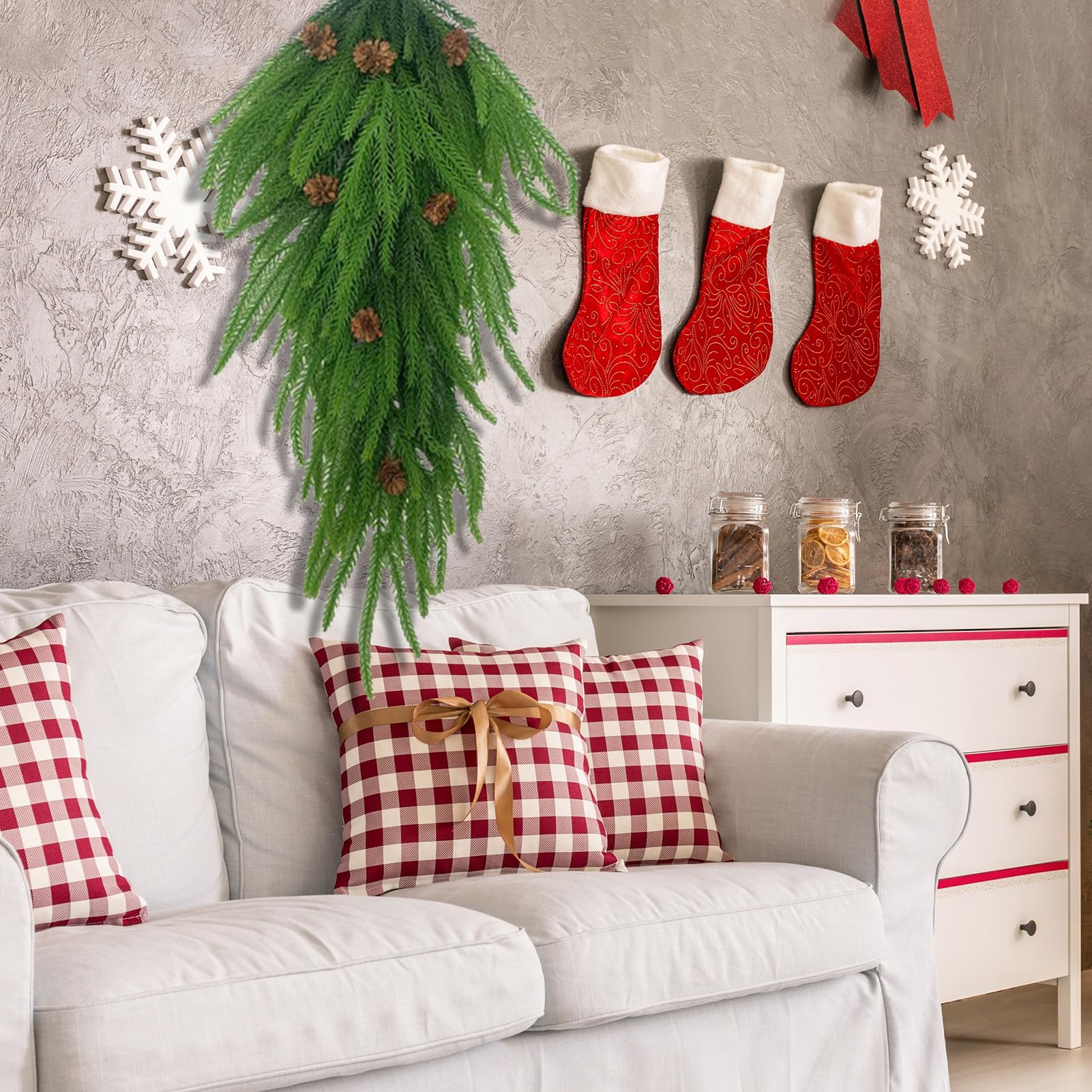 Artificial Christmas Teardrop Swag - Real Touch Norfolk Pine with Pine Cones | Long Needle Pine Greenery Wreath for Front Door, Wall, Window & Stair Decor | Perfect for Holiday Home, Office & Festive Party Decoration
