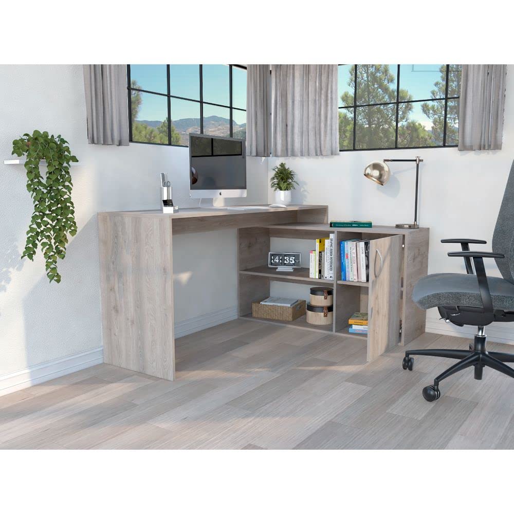 Tuhome Axis Modern L-Shaped Computer Desk with Storage - Light Gray Home Office Desk for Small Spaces, Gaming & Study - Open & Closed Shelves, Ergonomic Workstation