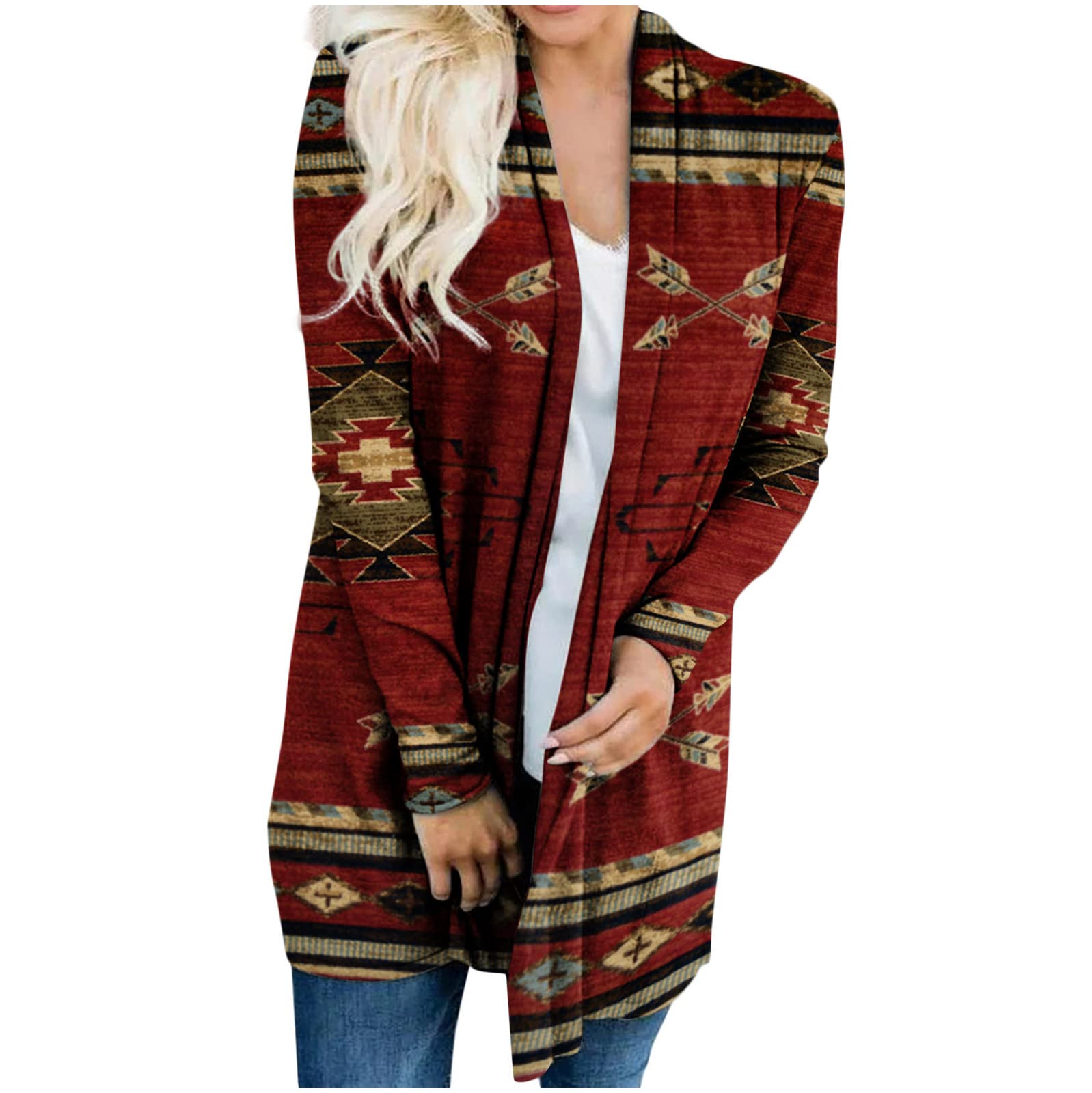 Vintage Women's Geometric Floral Print Cardigan - Loose Fit Long Sleeve Ethnic Outerwear Coat for Fall and Winter | Perfect for Boho Style, Casual Outfits & Layering in Cool Weather