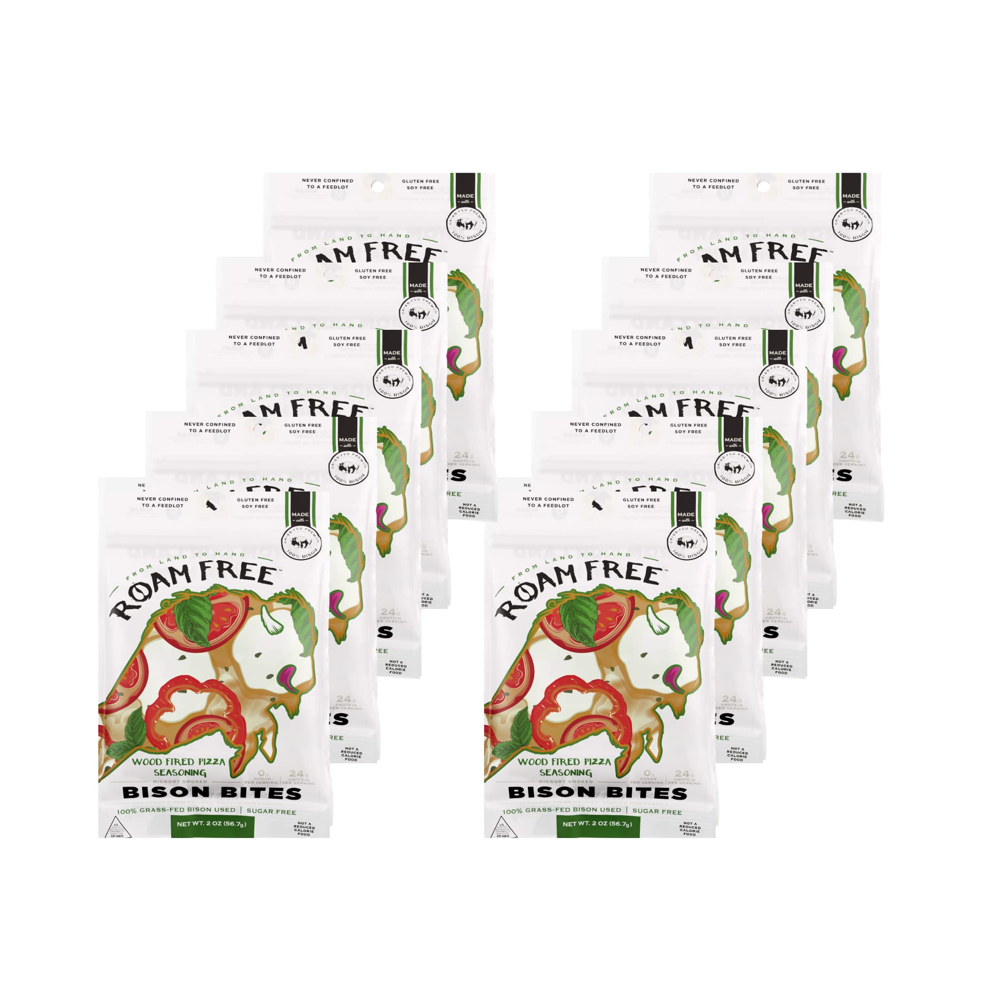 Premium Roam Free Bison Jerky Bites - 100% Grass Fed, High Protein, Sugar Free, Gluten Free | Keto & Paleo Friendly Meat Snack | Perfect for Hiking, Camping & Outdoor Adventures | Wood Fire Pizza Flavor (Pack of 10) - Ideal Gift for Men & Health-Conscious Snackers