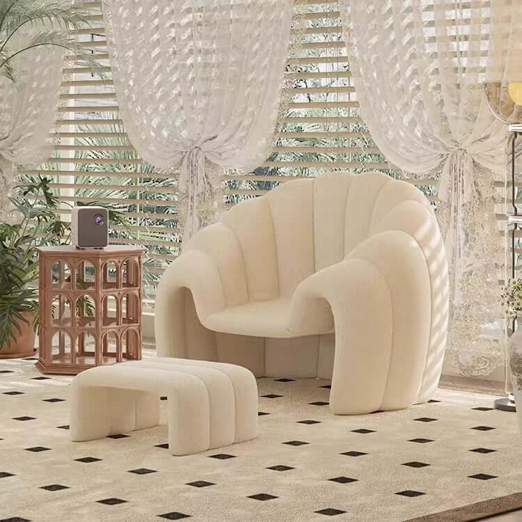 Modern Velvet Accent Chair with Ottoman - White, Brown & Blue Banana/Pumpkin Design - Perfect for Living Room, Bedroom or Home Office Decor