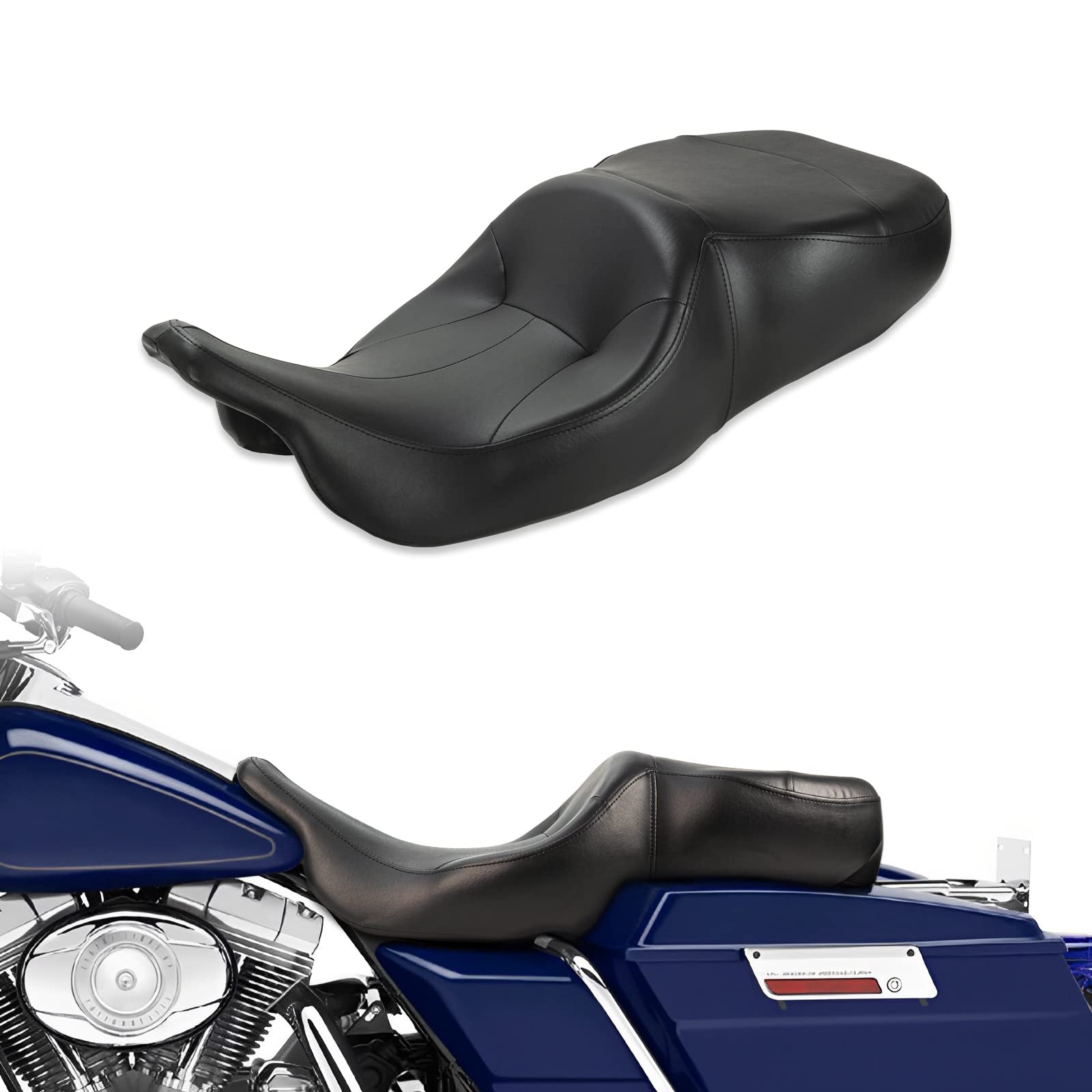 Premium Black Vinyl Motorcycle Seat with Chrome Studs for Harley Electra Glide FLHT (1997-2007) & Road Glide FLTR (1998-2007) - Comfortable One-Piece Driver & Passenger Seat - Perfect for Long Rides and Cruising