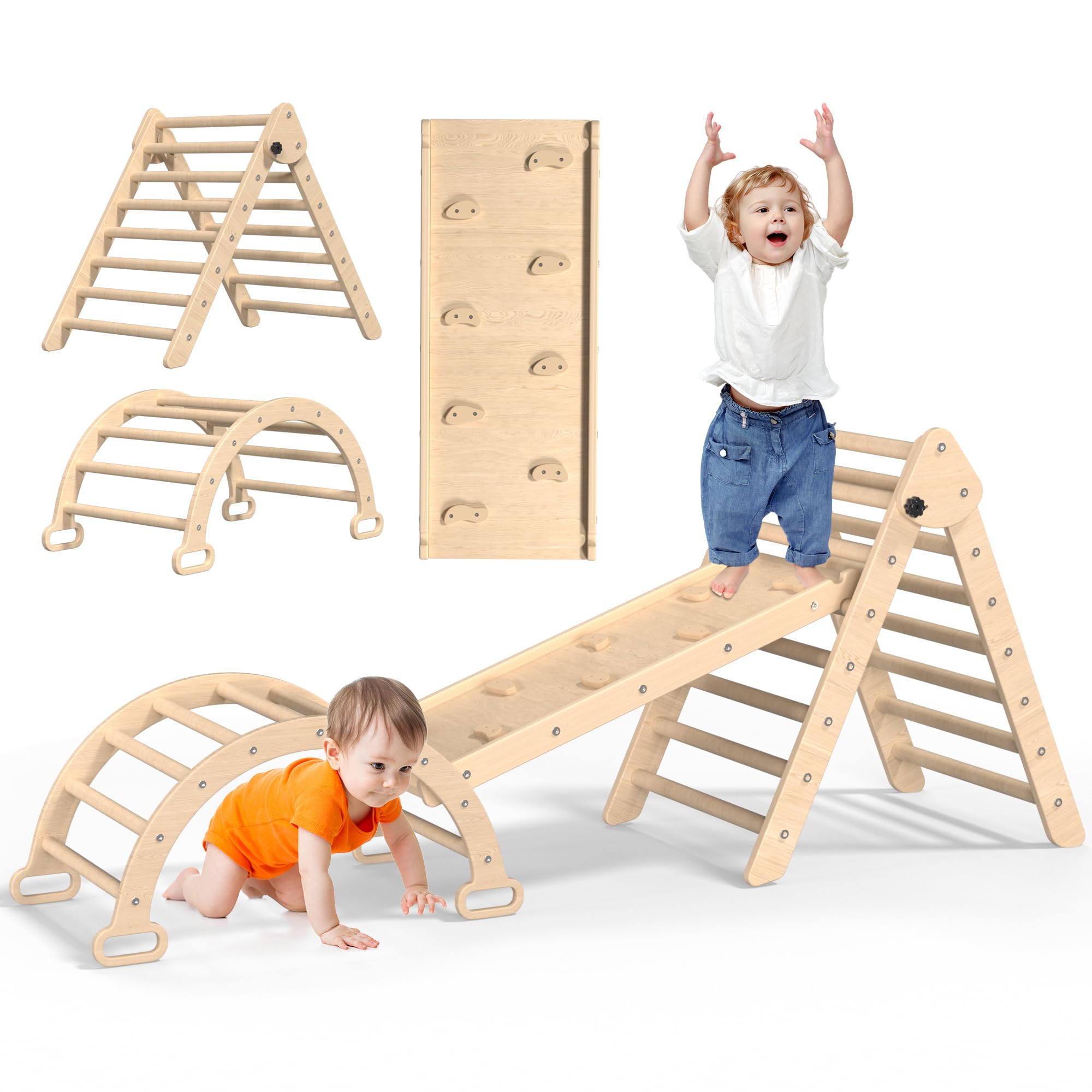 XJD 7-in-1 Pikler Triangle Climbing Set for Toddlers Ages 3-6 - Wooden Indoor Playground with Slide, Ramp, Rocker & Climbing Accessories - Montessori Toys for Home Playroom, Daycare & Preschool Activities
