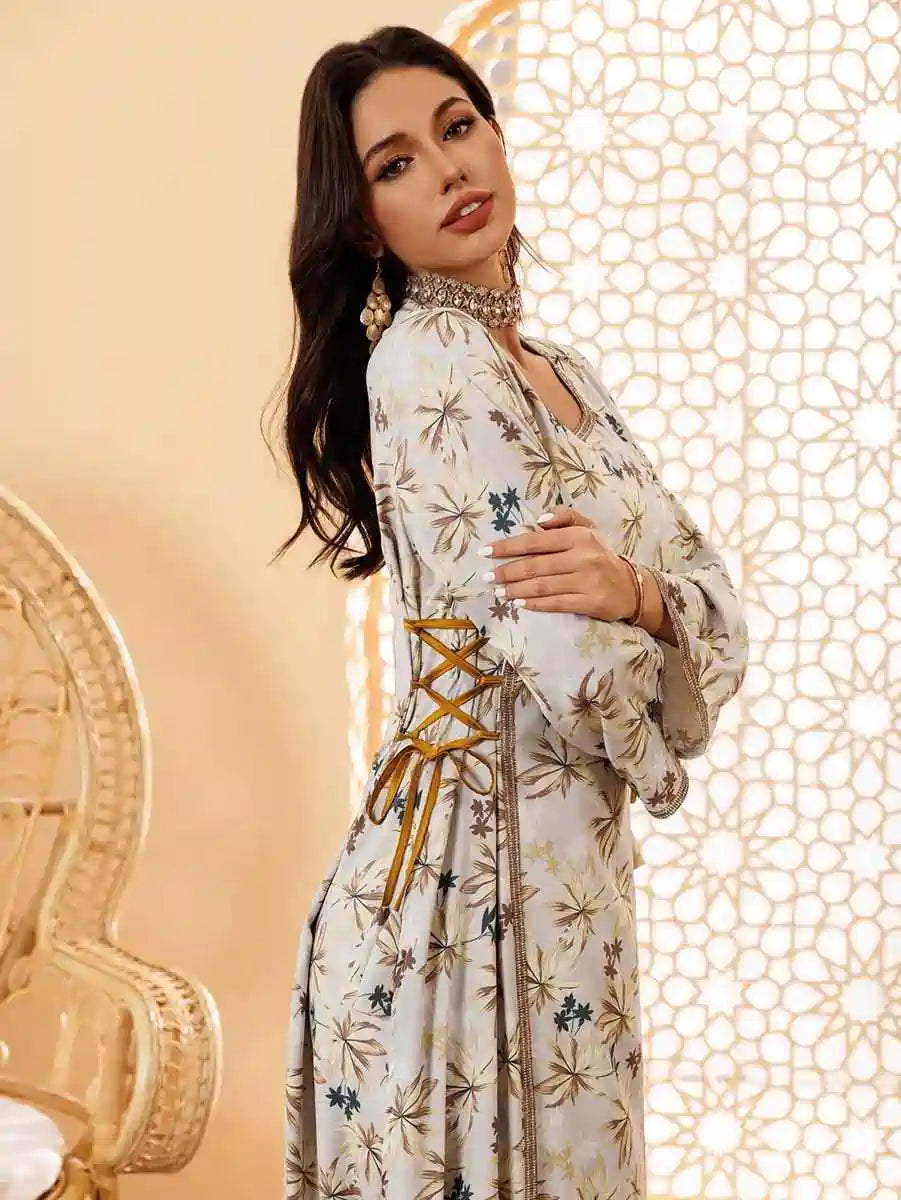 Floral Printed Eid Caftan Dress for Women - Elegant Long Kaftan with V-Neck & Flowy Sleeves #25441 | Perfect for Eid Celebrations, Summer Parties & Beach Cover-Ups