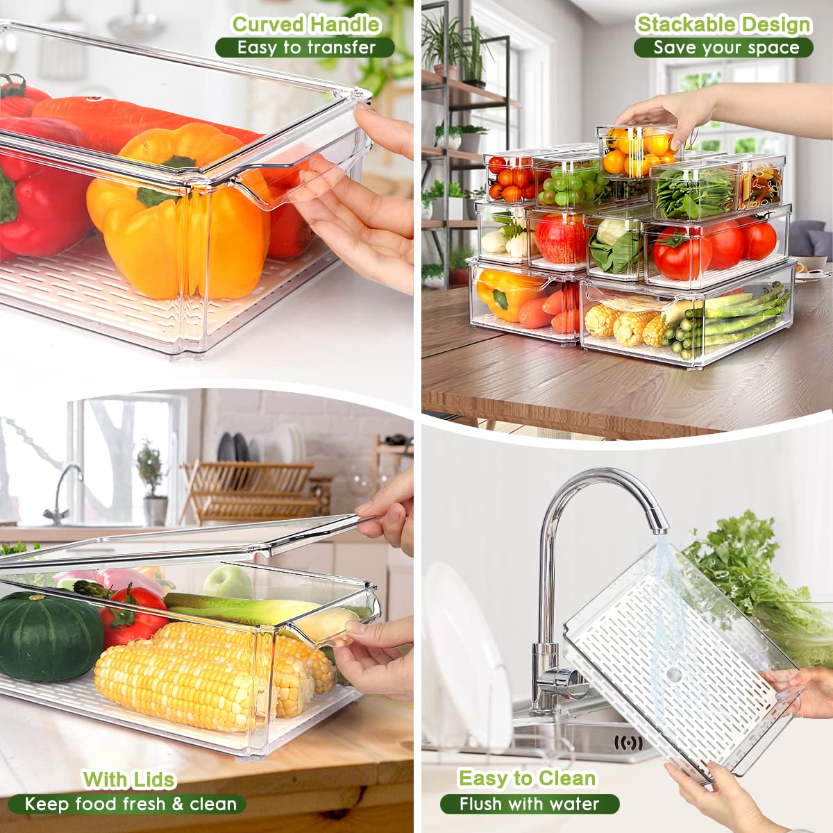 14-Pack Stackable BPA-Free Clear Refrigerator Organizer Bins with Lids - Food Storage Containers for Fruits, Vegetables, Drinks & Cereals | Fridge Organization for Kitchen, Pantry & Meal Prep