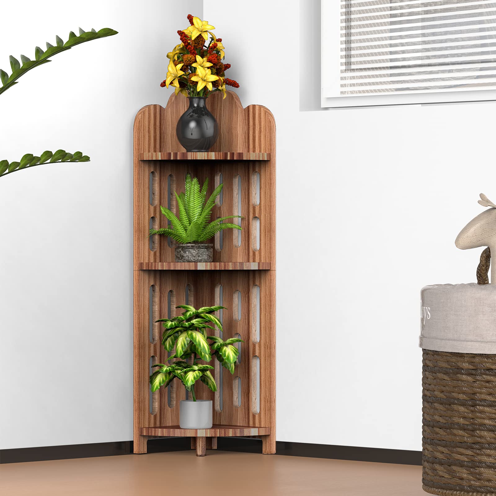 3-Tier Pine Wood Bathroom Corner Shelf - Space-Saving Shower Organizer, Plant Stand & Nightstand for Living Room, Bedroom & Home Office - Elegant Narrow Space Solution for Bath Essentials, Decor & Storage