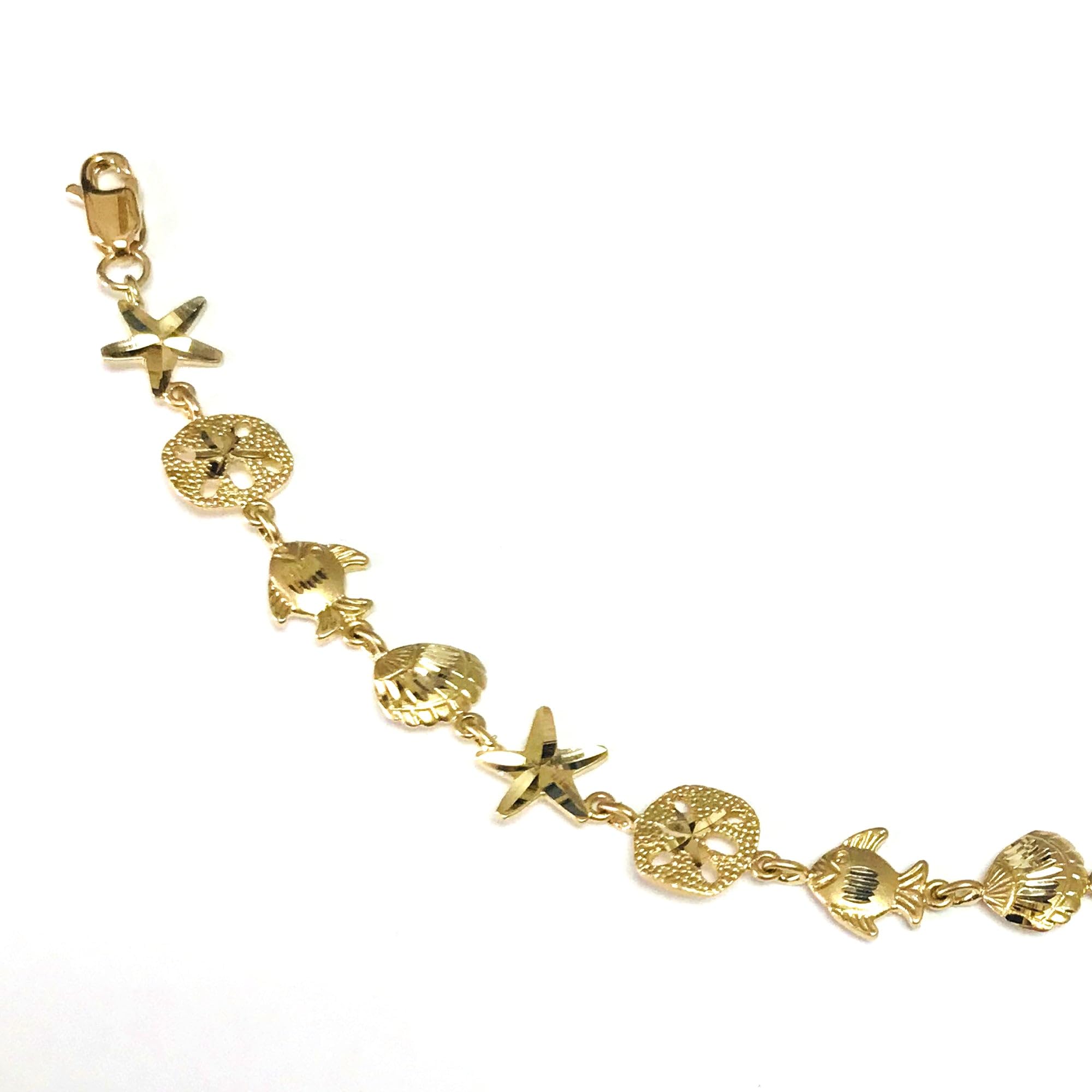 14K Yellow Gold Starfish Sand Dollar and Fish Charm Bracelet - 7