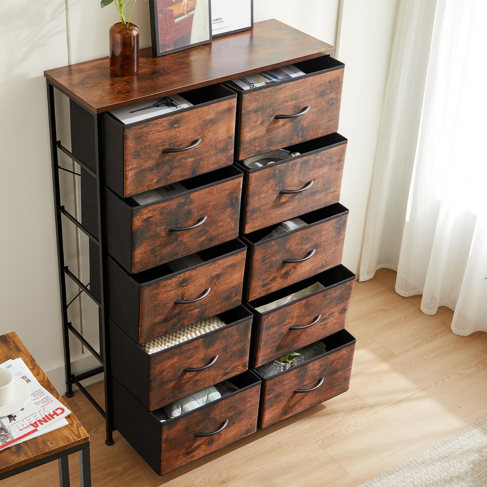 DUMOS 10-Drawer Dresser with Sturdy Metal Frame & Wood Tabletop - Grey & Brown Fabric Storage Tower for Bedroom, Kids Room, Closet, Nursery | Perfect for Organizing Clothes, Toys & Home Essentials