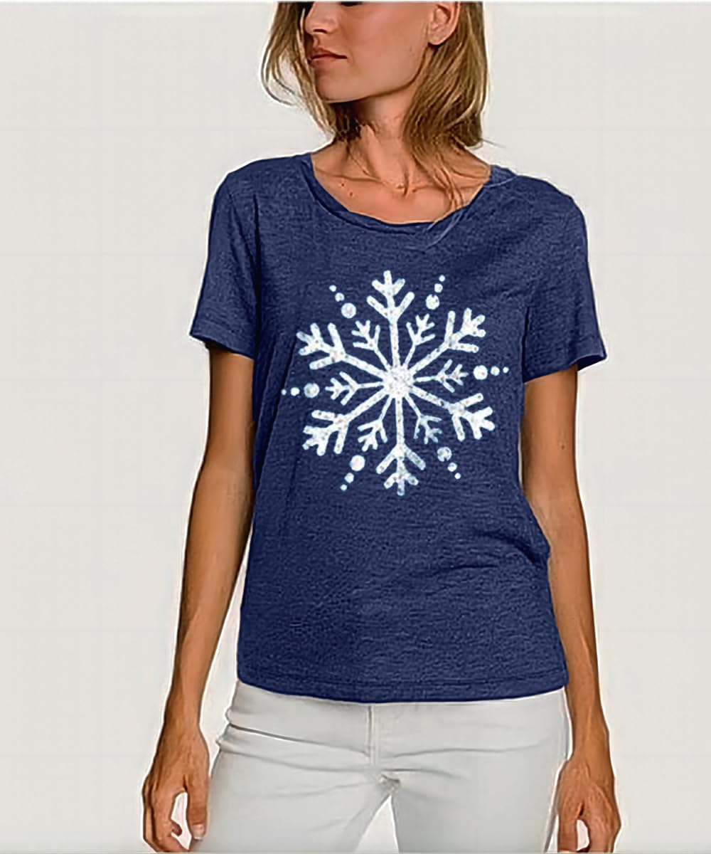 Women's Christmas T-Shirts - Cute Snowflake Graphic Short Sleeve Funny Print Tee for Holiday Parties & Family Gatherings