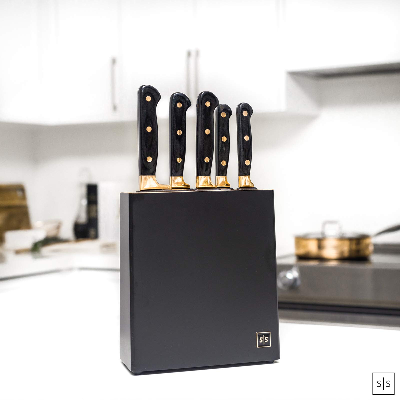 Premium 6-Piece Black & Gold Knife Set with Wooden Block & Sharpener - High-Quality Kitchen Knives for Professional Chefs & Home Cooking - Perfect for Meat Cutting, Vegetable Chopping & Gourmet Meal Prep