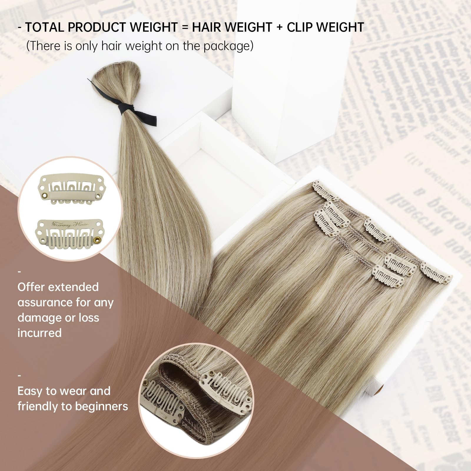 2 Pack Clip in Hair Extensions & Invisible Wire Hair Extensions - Ash Blonde & Golden Blonde Highlights - 14 Inch 170g - Perfect for Daily Styling, Parties & Special Occasions