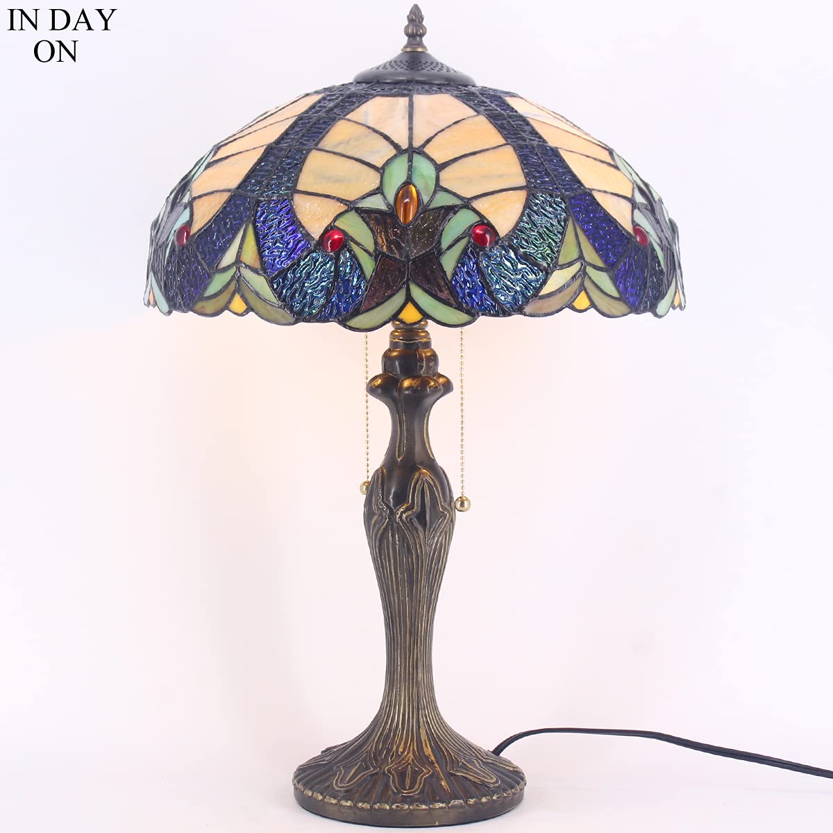 WERFACTORY Tiffany Style Yellow Stained Glass Table Lamp - 16x16x24 Inches Bedside & Desk Light with Metal Base for Bedroom, Living Room, Home Office (S160E Series) | Perfect for Reading, Decor & Ambient Lighting