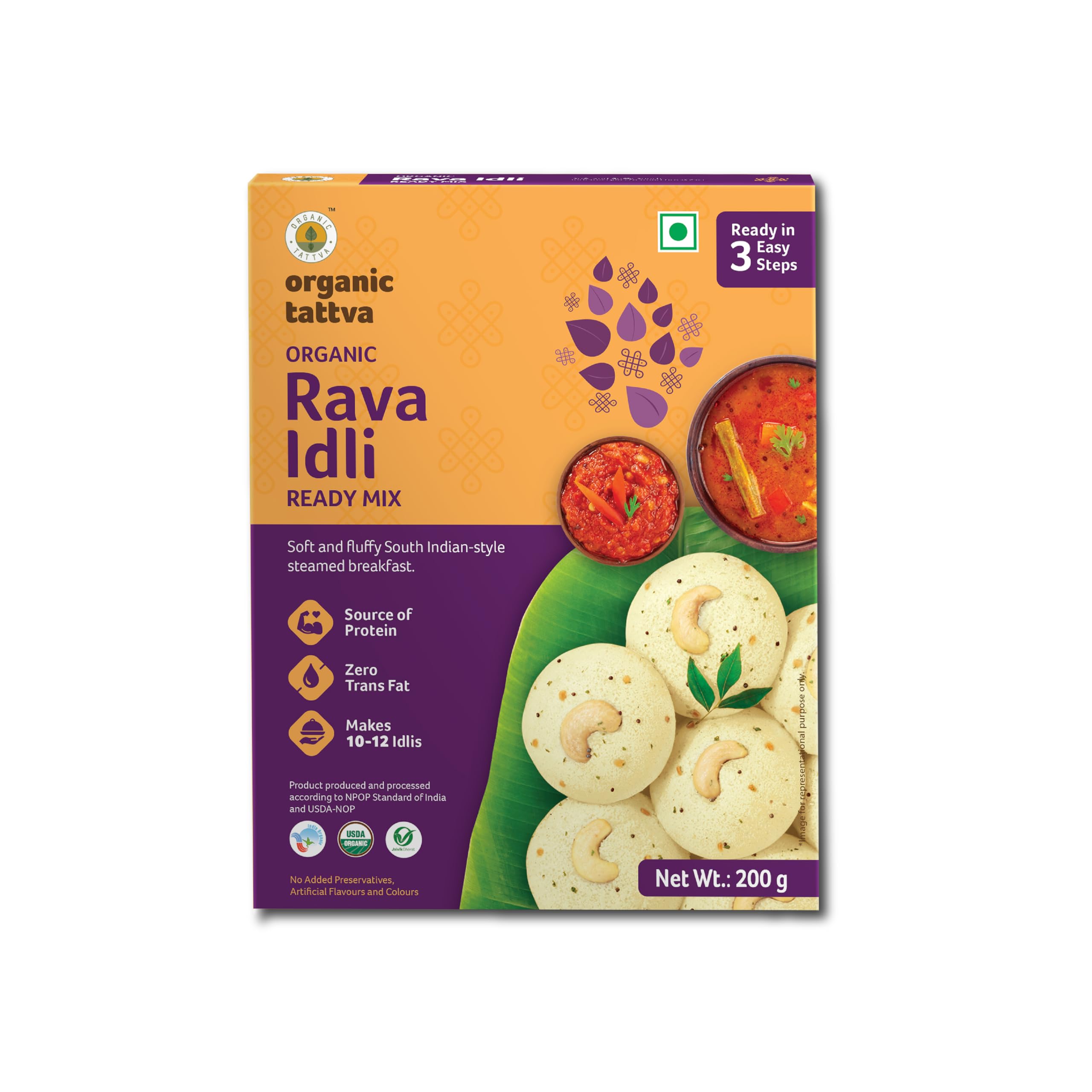 Organic Tattva Instant Rava Idli Mix 200g | Sunflower Oil & Mustard Seeds | Ready-to-Cook South Indian Breakfast | Perfect for Quick Meals & Healthy Snacks