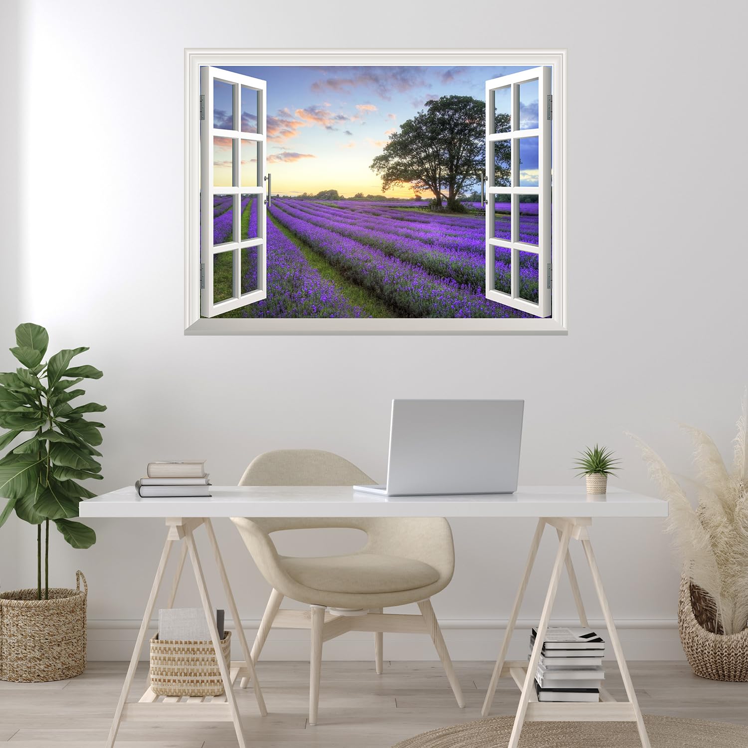 Wall26 Removable Wall Sticker & Mural - Sunrise on Purple Field | Window View Wall Art Decor - 24x32 Inches | Perfect for Bedroom, Living Room & Office Decoration