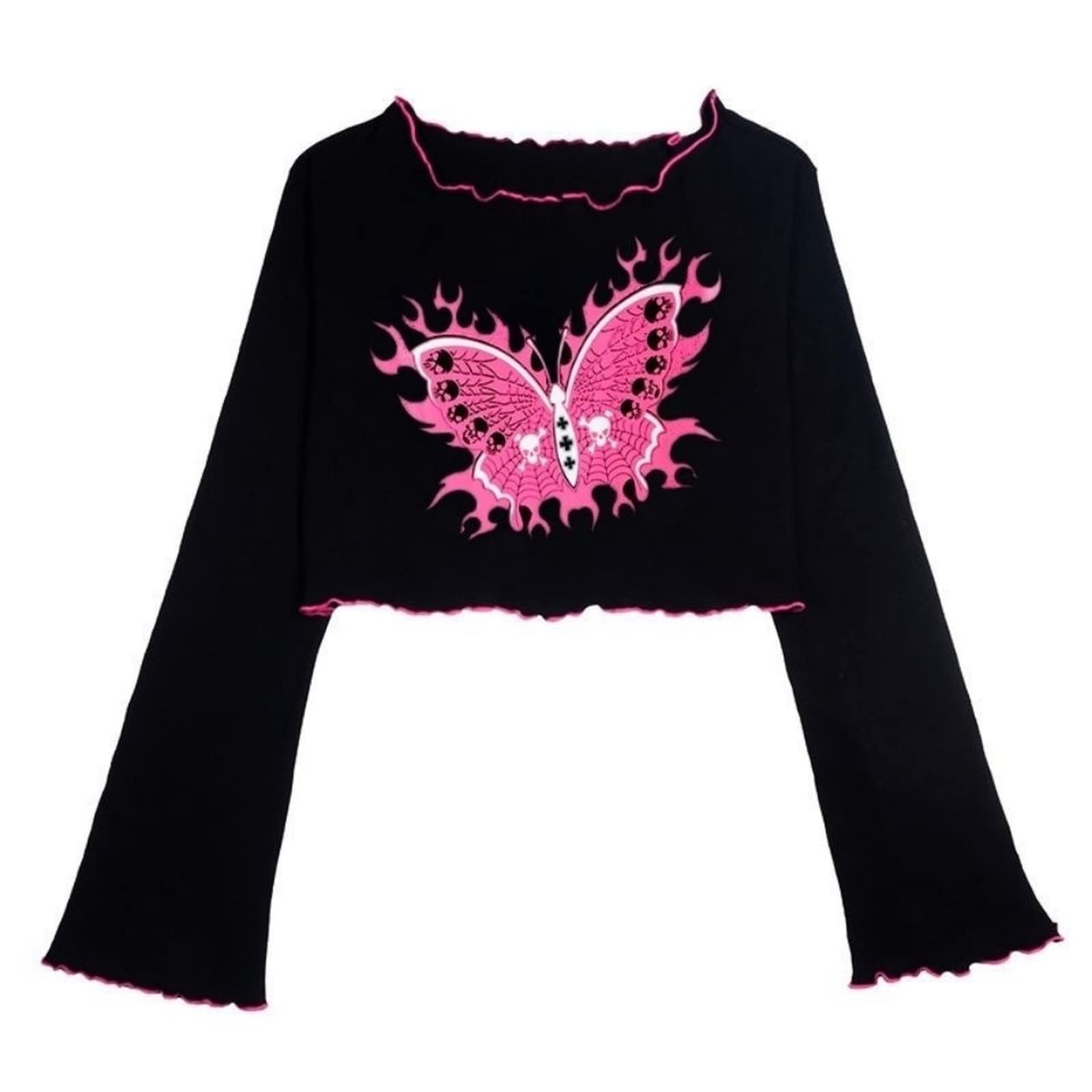 Y2K Emo Goth Kawaii Crop Top Tee - Black & Pink Long Sleeve Anime Aesthetic Shirt for Teen Girls | Cute Casual Wear for Concerts, Parties & Street Fashion