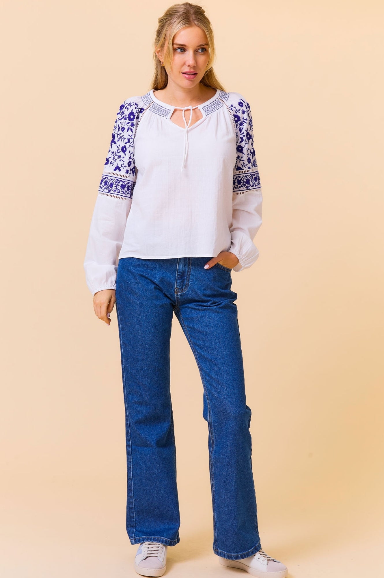 Ida Embroidered Top for Women - White & Cobalt Blue Floral Blouse | Perfect for Casual Wear, Office Outfits & Summer Fashion