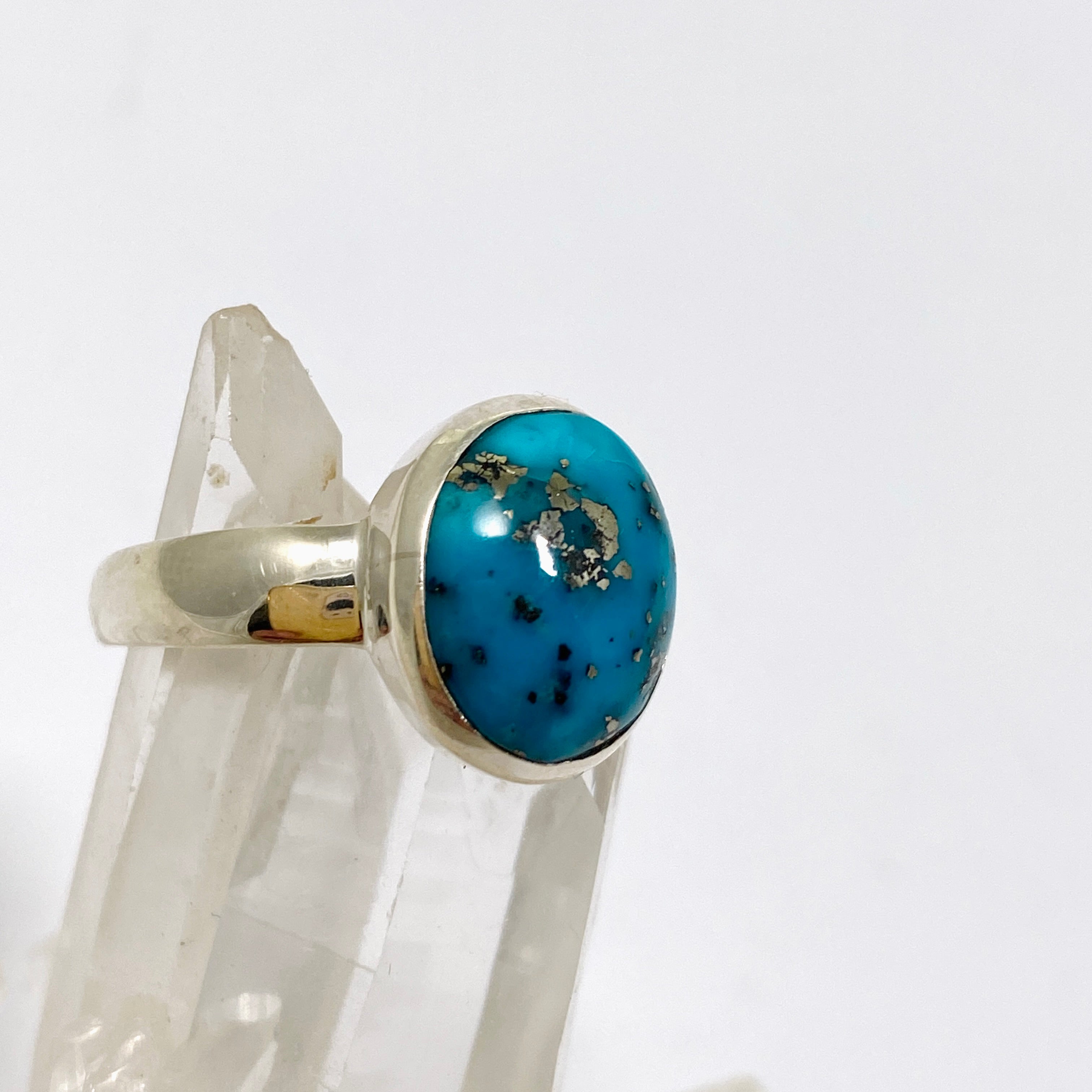 Natural Persian Turquoise with Pyrite Oval Cabochon Ring - Size 9.5 - Handmade Iranian Jewelry - Perfect for Boho Fashion & Gift Giving