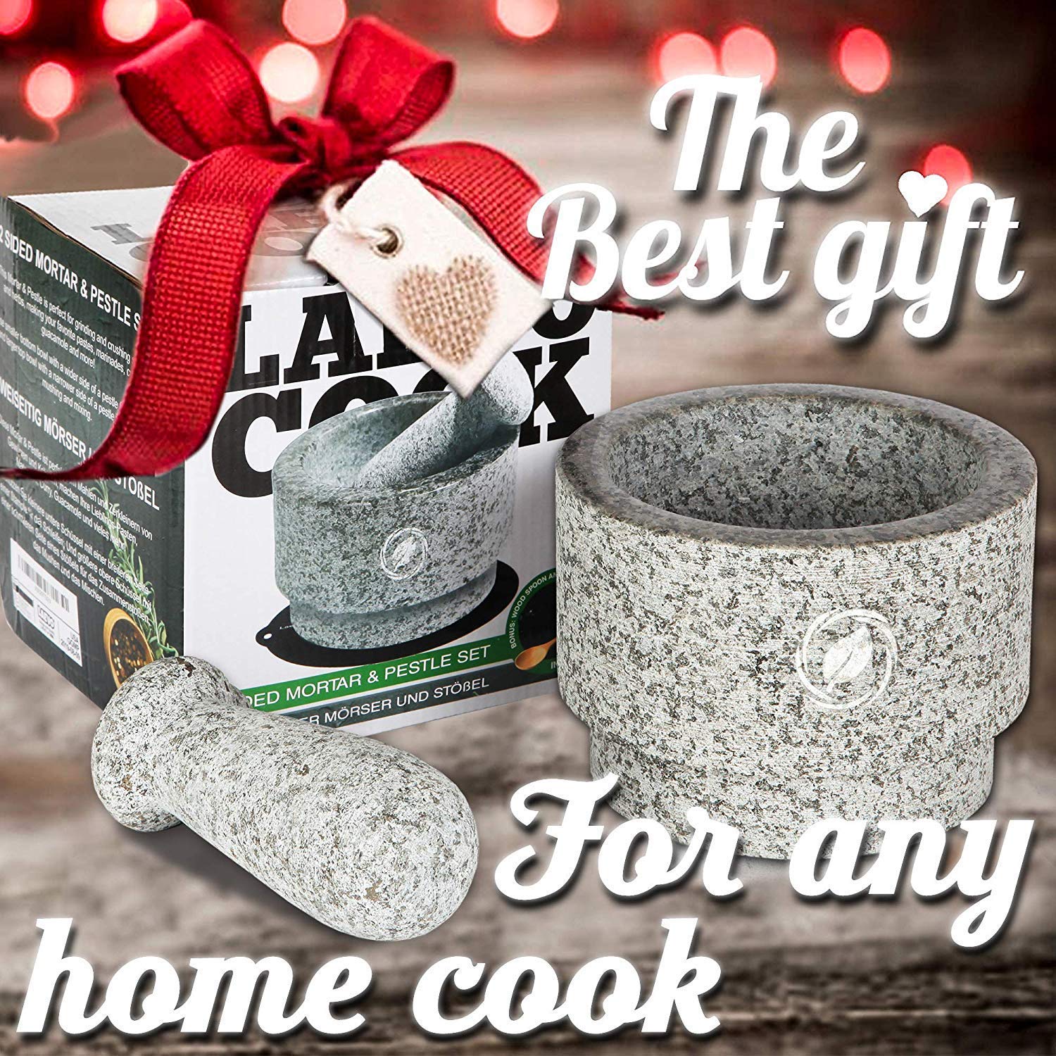 Premium Granite Mortar and Pestle Set - Large 2.1 Cup Stone Spice Grinder & Guacamole Bowl - Durable Molcajete Mexicano for Grinding Herbs, Spices, Nuts - Perfect for Mexican Cooking, Ayurvedic Remedies & Kitchen Prep