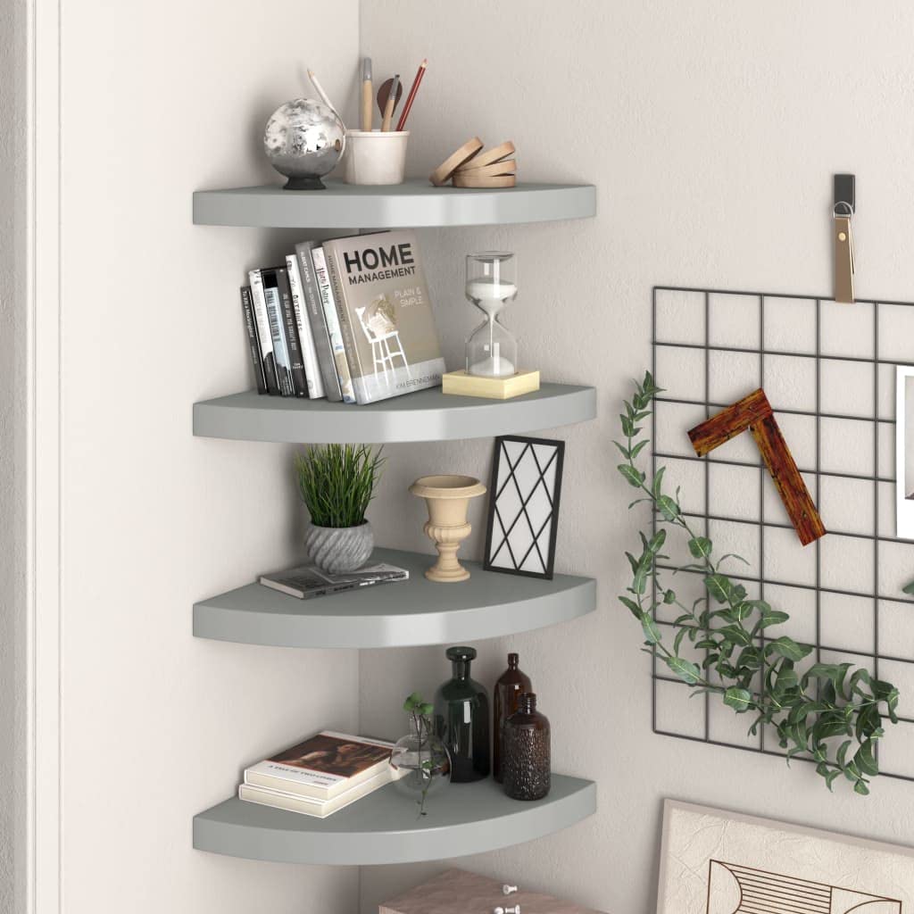 Modern Floating Corner Shelves Set of 4 - Gray MDF Wall Mounted Storage Shelf 13.8