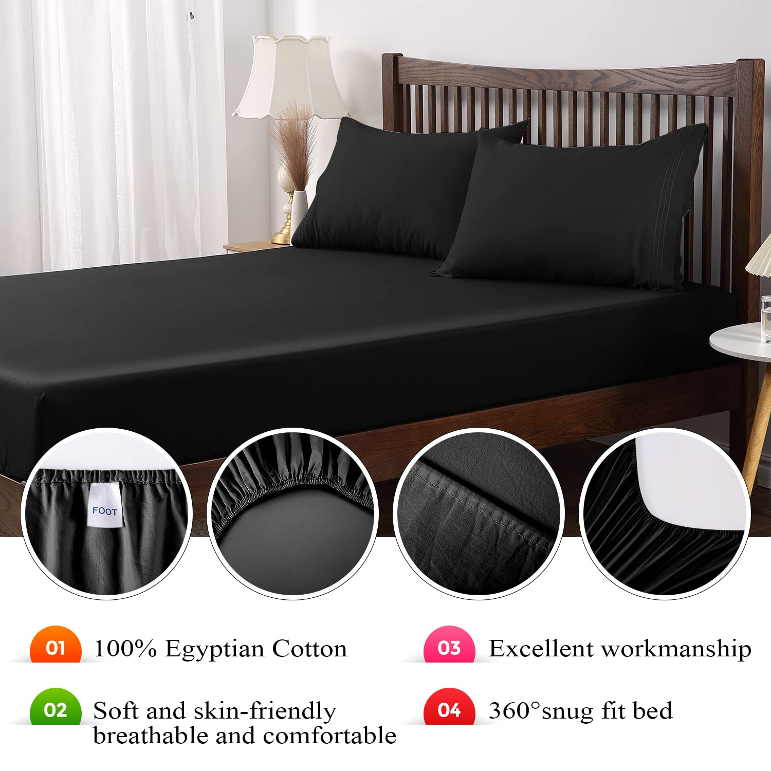Queen Size Fitted Sheet - 100% Egyptian Cotton 600 Thread Count, Deep Pocket 16