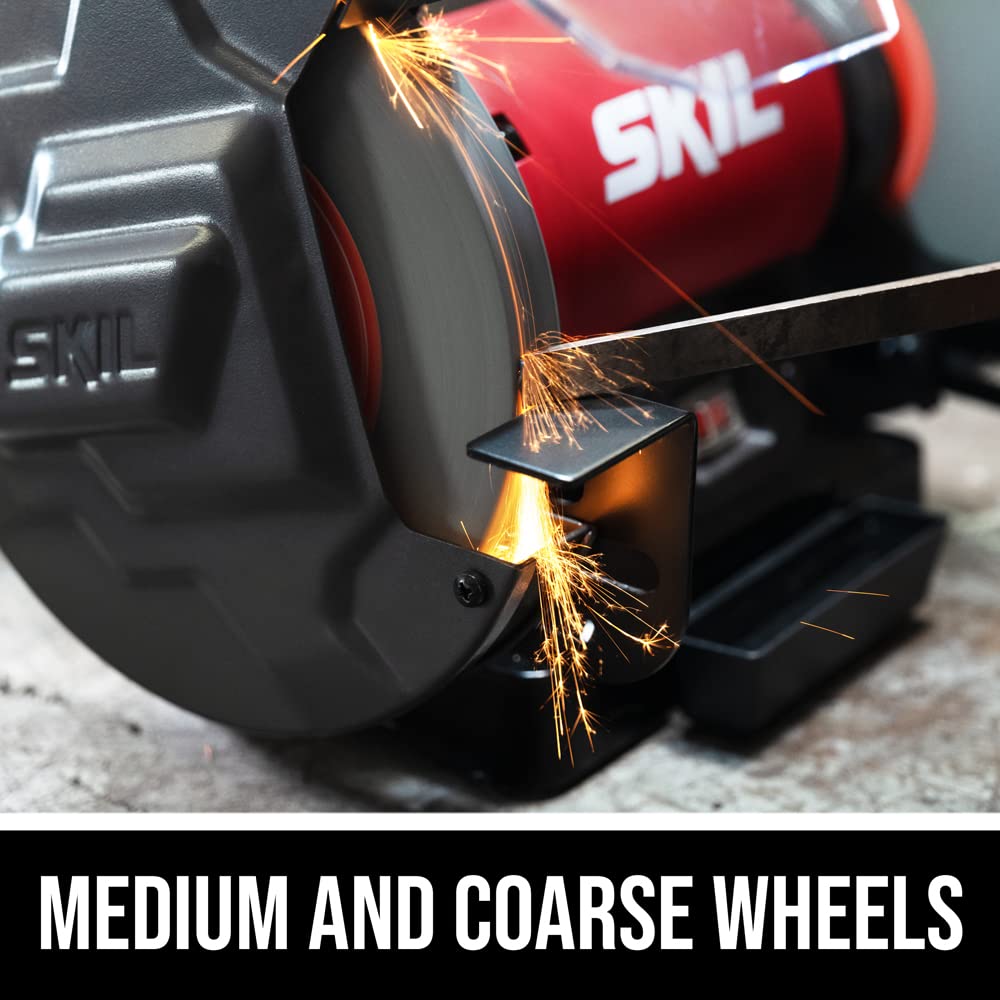 SKIL 3.0 Amp 8 Inch Bench Grinder with Built-in Water Cooling Tray & LED Work Light - BI9502-00 | Heavy Duty Metal Grinding, Sharpening Tools & DIY Projects | Workshop, Garage & Home Improvement Use