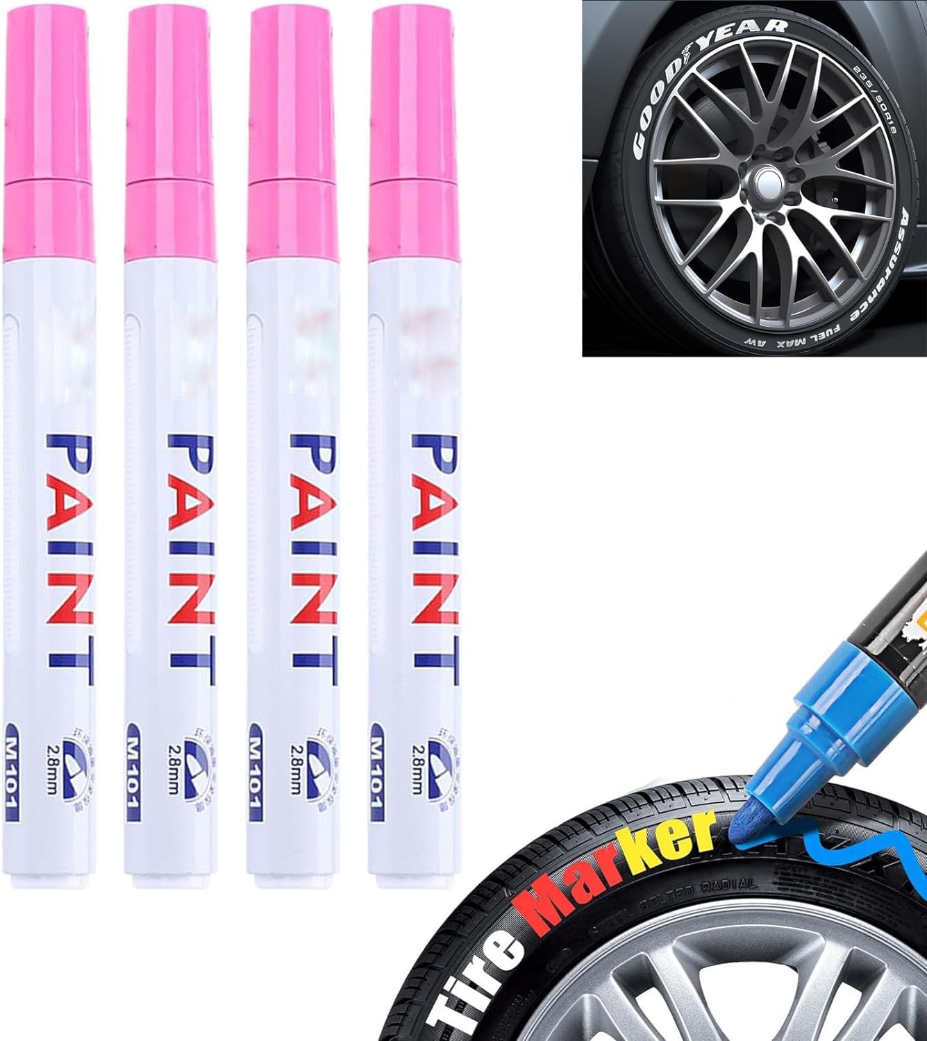 4 Pack Waterproof Car Tire Paint Pens - Tire Lettering Marker for Custom Designs, Pink Automotive Touch-Up Paint (Perfect for Car Shows, Off-Roading & Personalization)