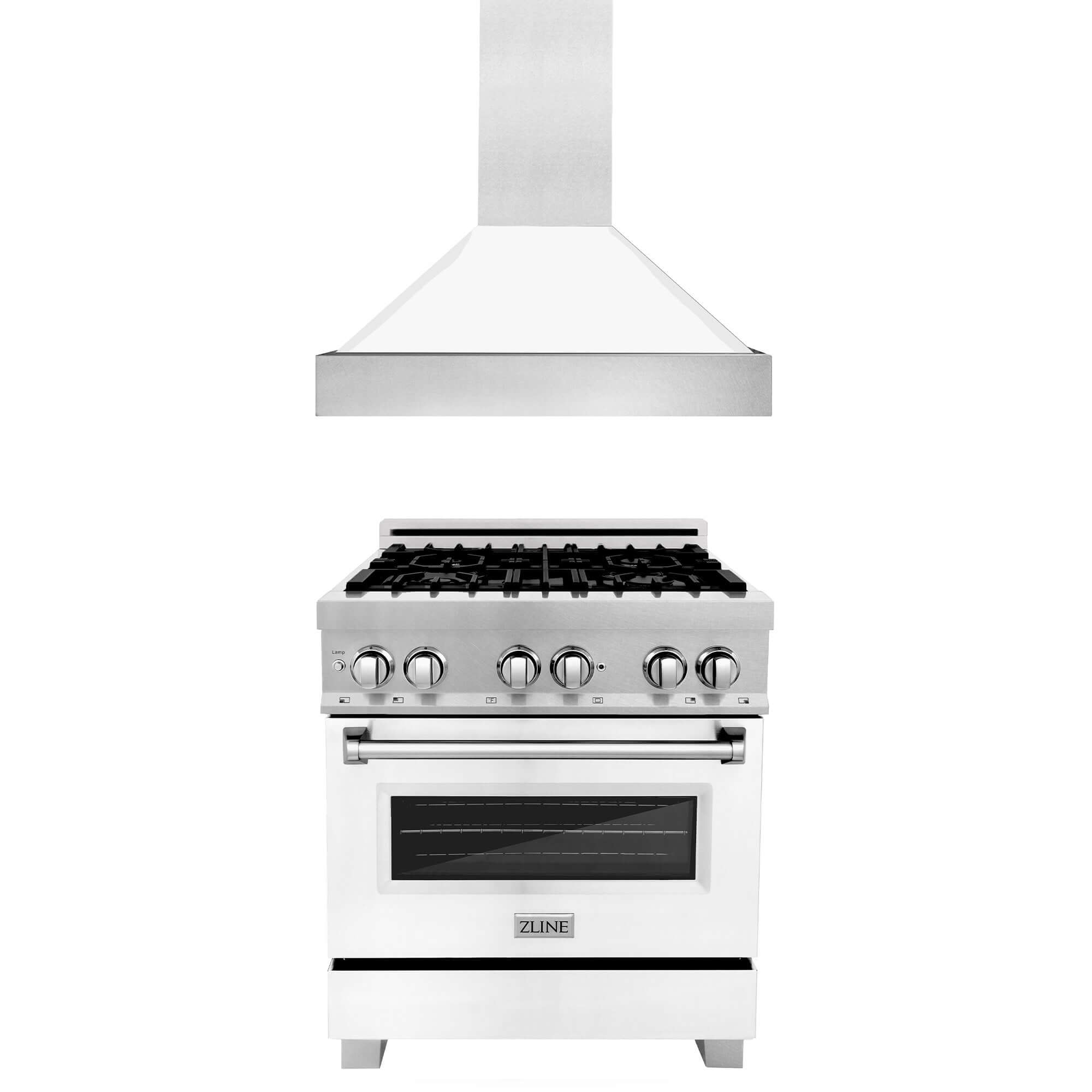 ZLINE 30-inch Professional Dual Fuel Range with Satin Stainless Steel Finish & Matte White Door - Convertible Vent Hood Included for Modern Kitchens | Perfect for Home Chefs & Entertaining