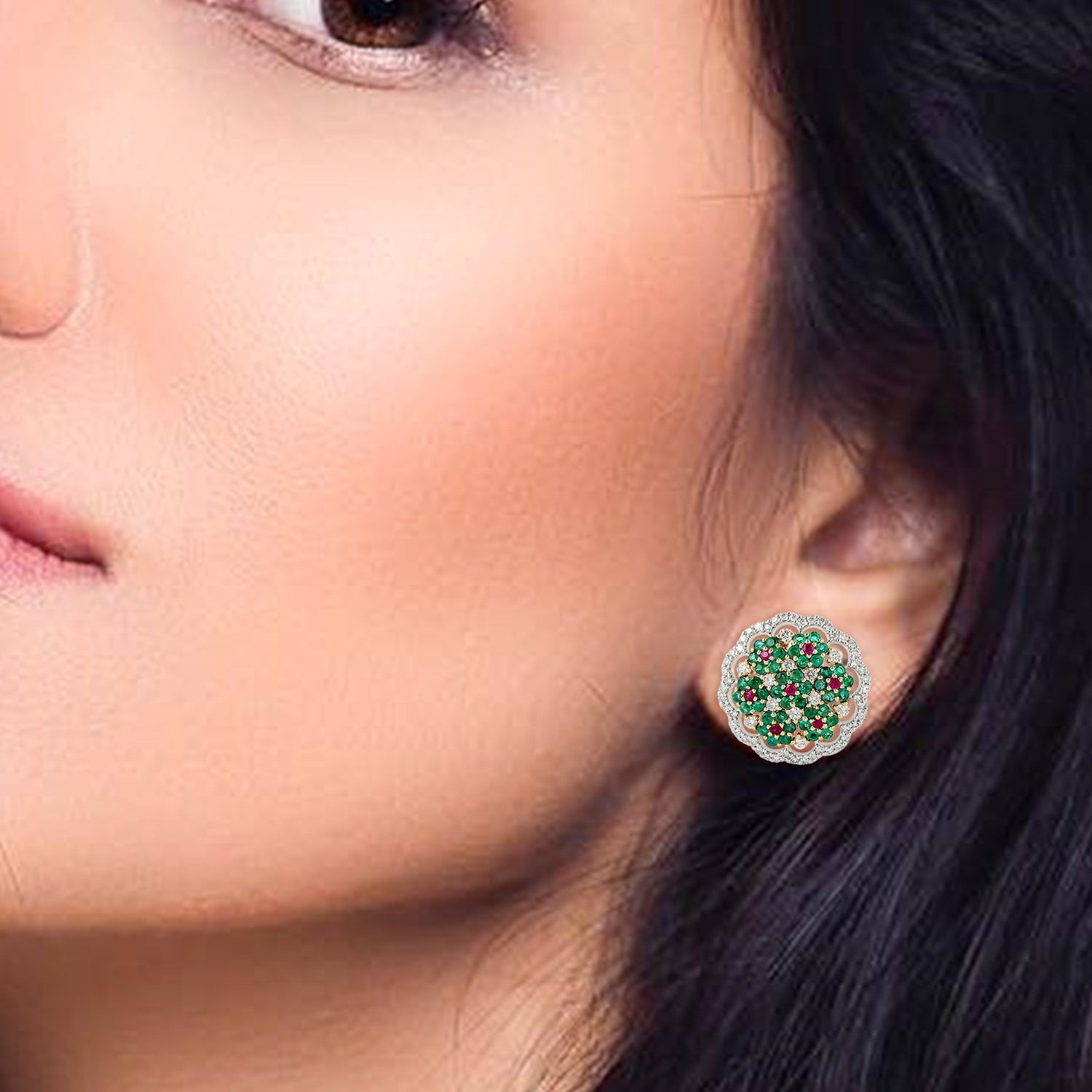 Exquisite Emerald Prong Set Ruby Pave Diamond Stud Earrings in 14K White & Yellow Gold – Perfect for Weddings, Parties & Special Occasions